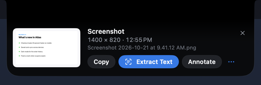 A new screenshot in the notch: its thumbnail, pixel size, time and file name, with Copy, Extract Text, Annotate and more.