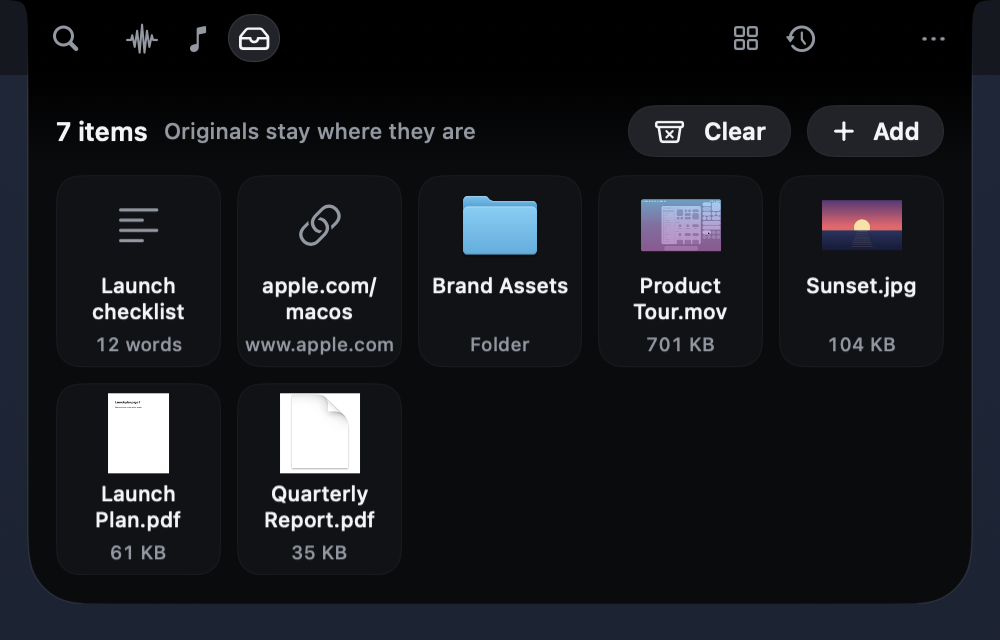 The shelf with seven items: a text note with its word count, a link to apple.com, a folder, a video, a photo and two PDFs, each with its size.