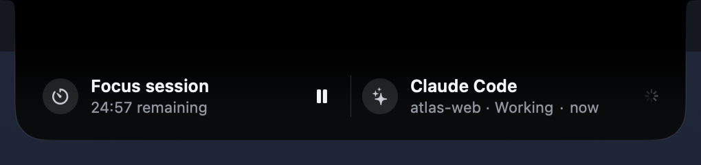 The notch split in two: a focus session with 24:57 remaining and a pause button, beside Claude Code working in atlas-web.