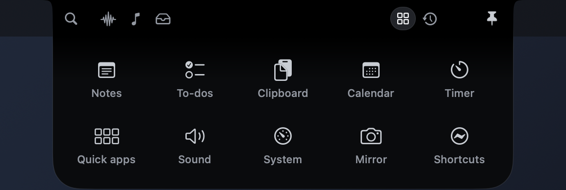 The tools launcher: Notes, To-dos, Clipboard, Calendar, Timer, Quick apps, Sound, System, Mirror and Shortcuts.