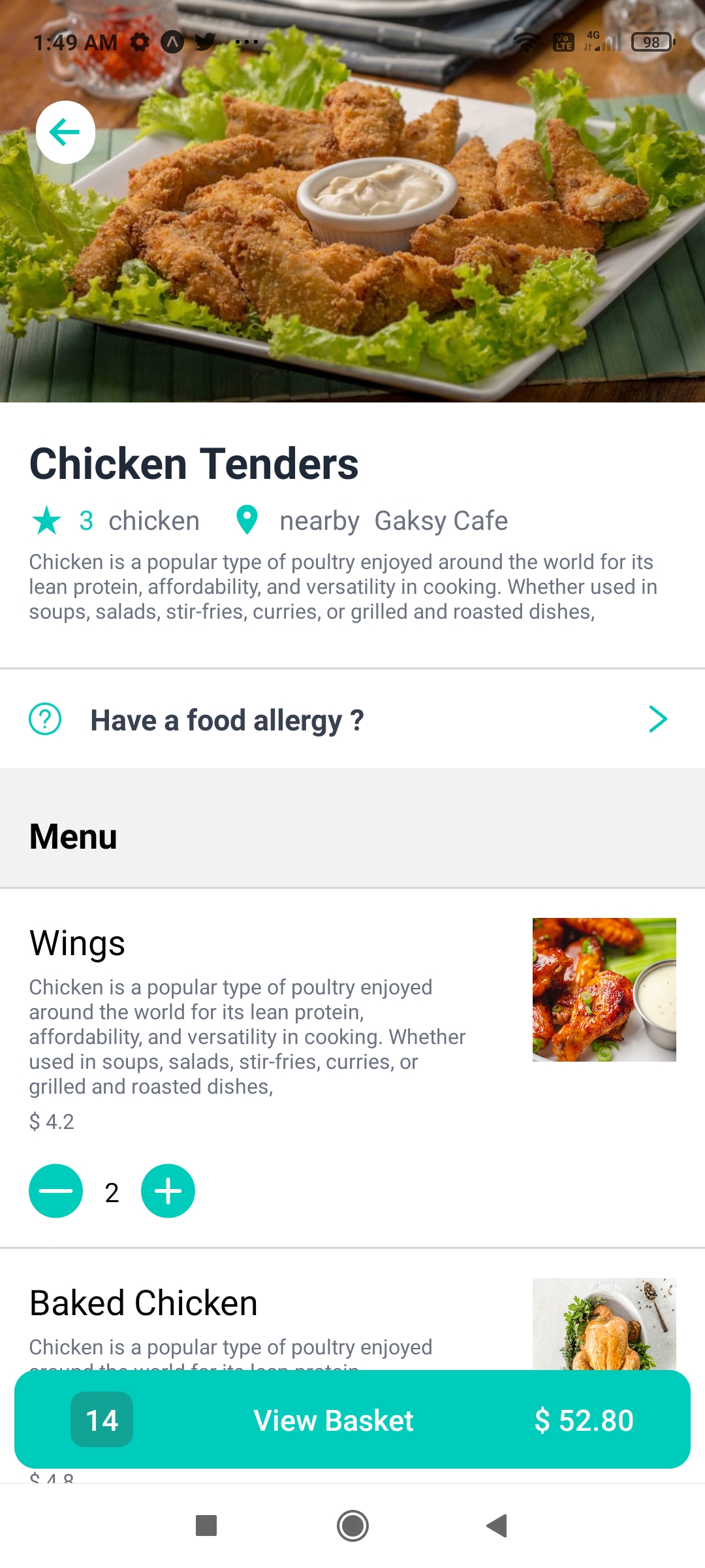 Screenshot of Food items Screen