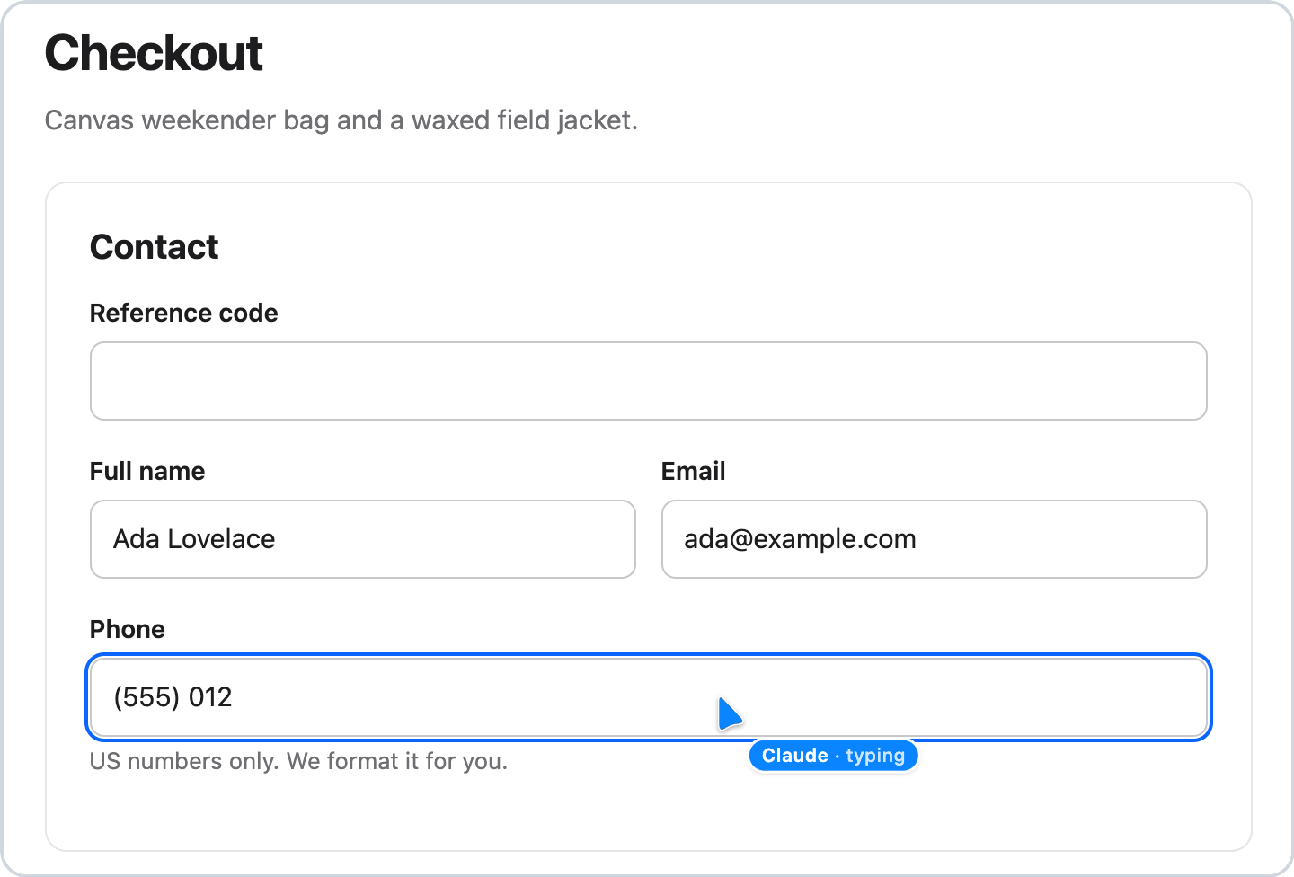 An agent filling in a checkout form; its cursor, labeled Claude, rests on the Phone field