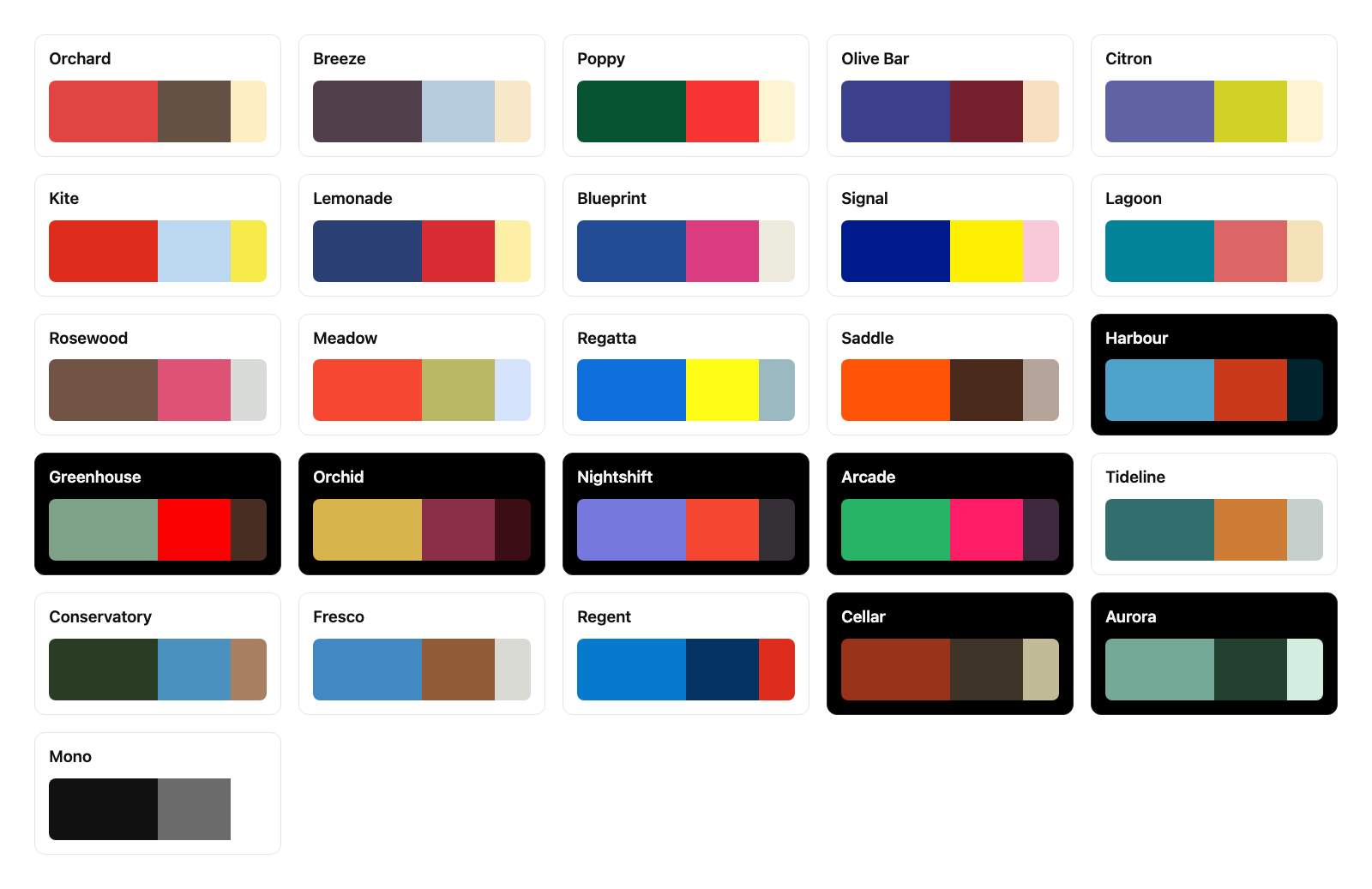 The Oxfords palettes, each shown as lead, support and pop colour on a white or black card