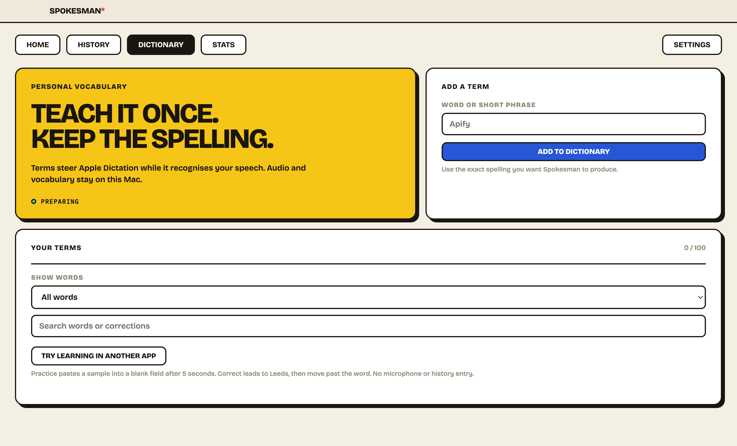 Personal vocabulary with learned spelling corrections