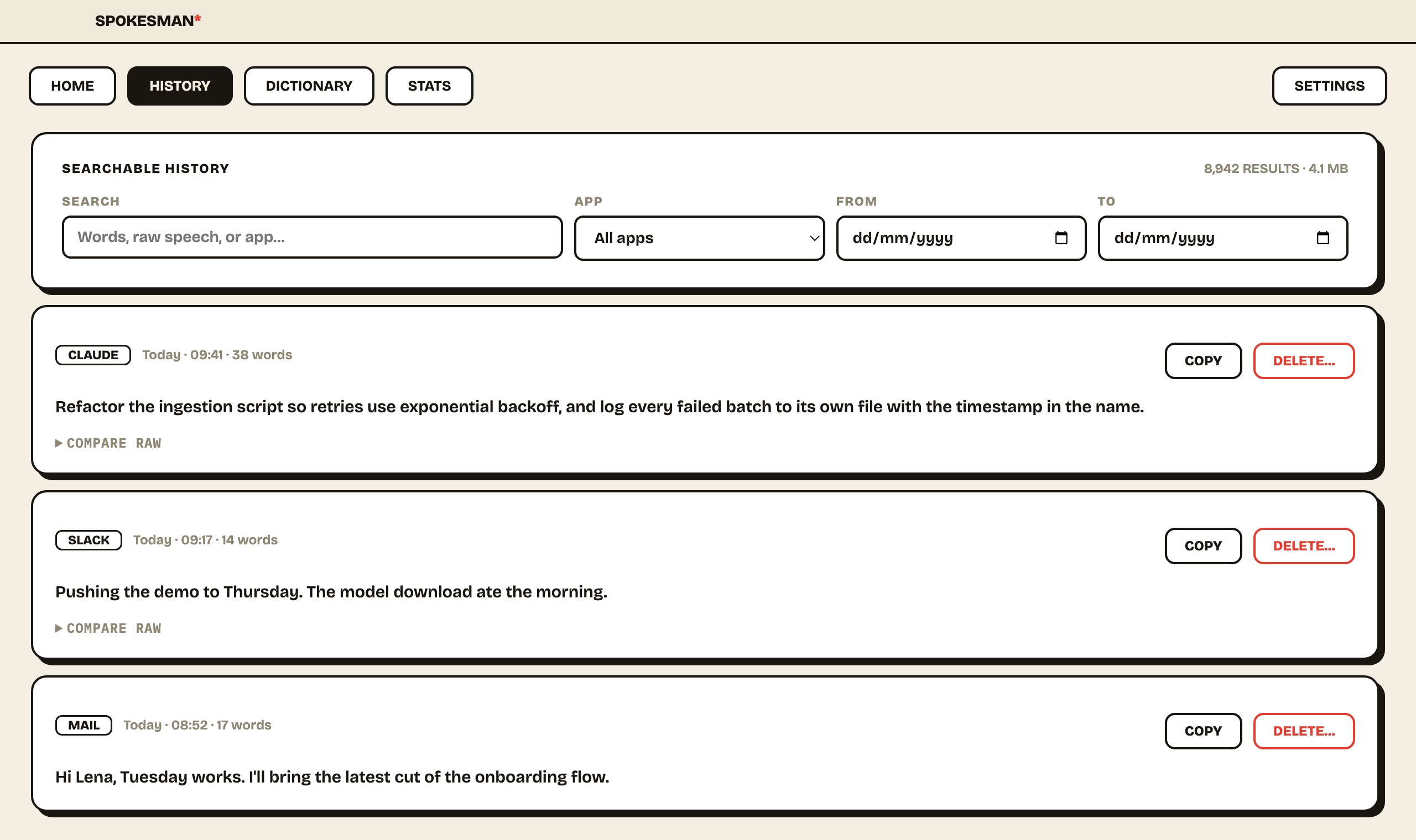 Searchable dictation history with cleaned text and compare-raw toggle