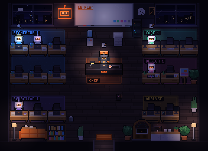 The same office at night, lit by the lamps and the screens