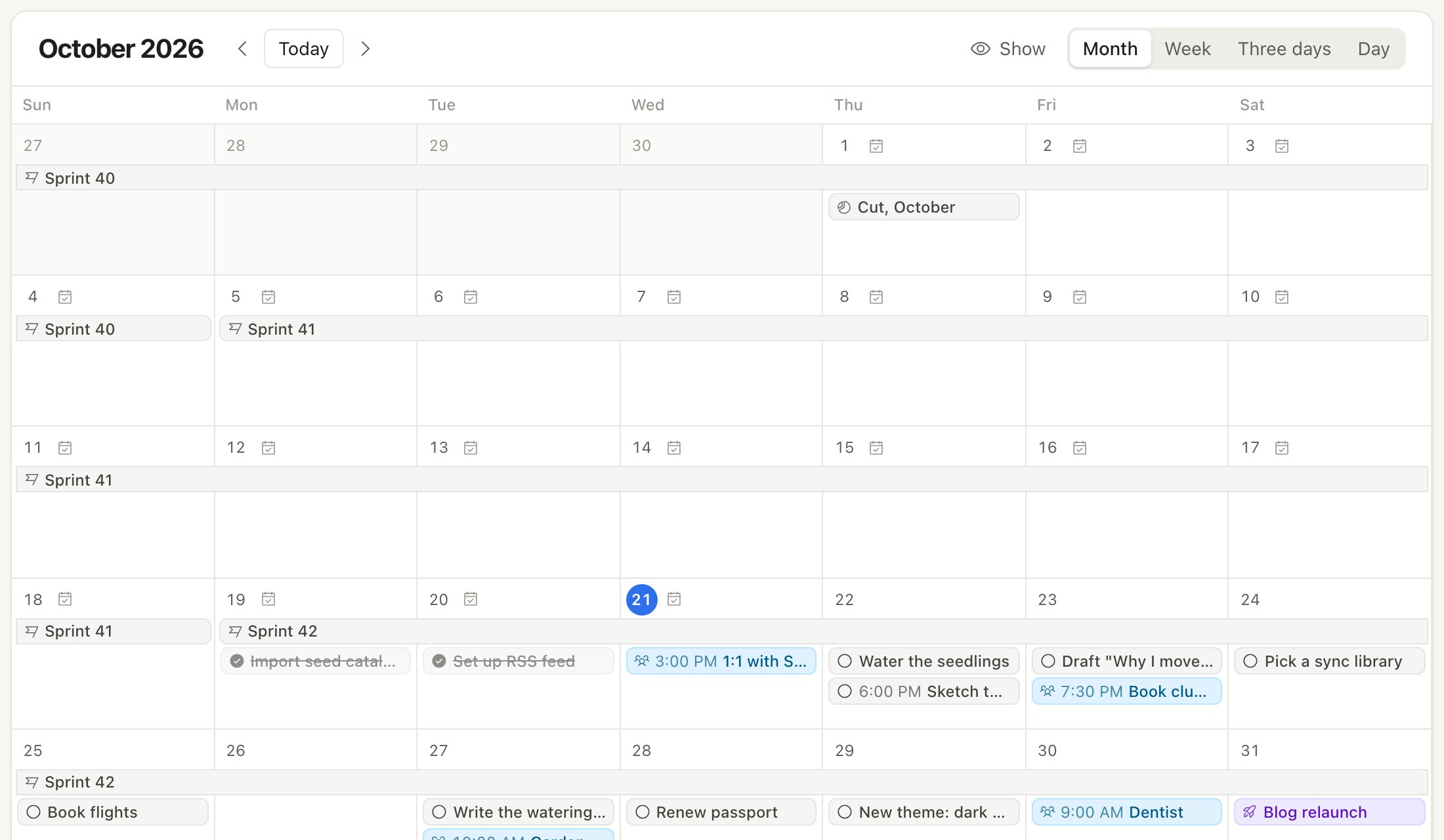 The month view with sprints, tasks and events