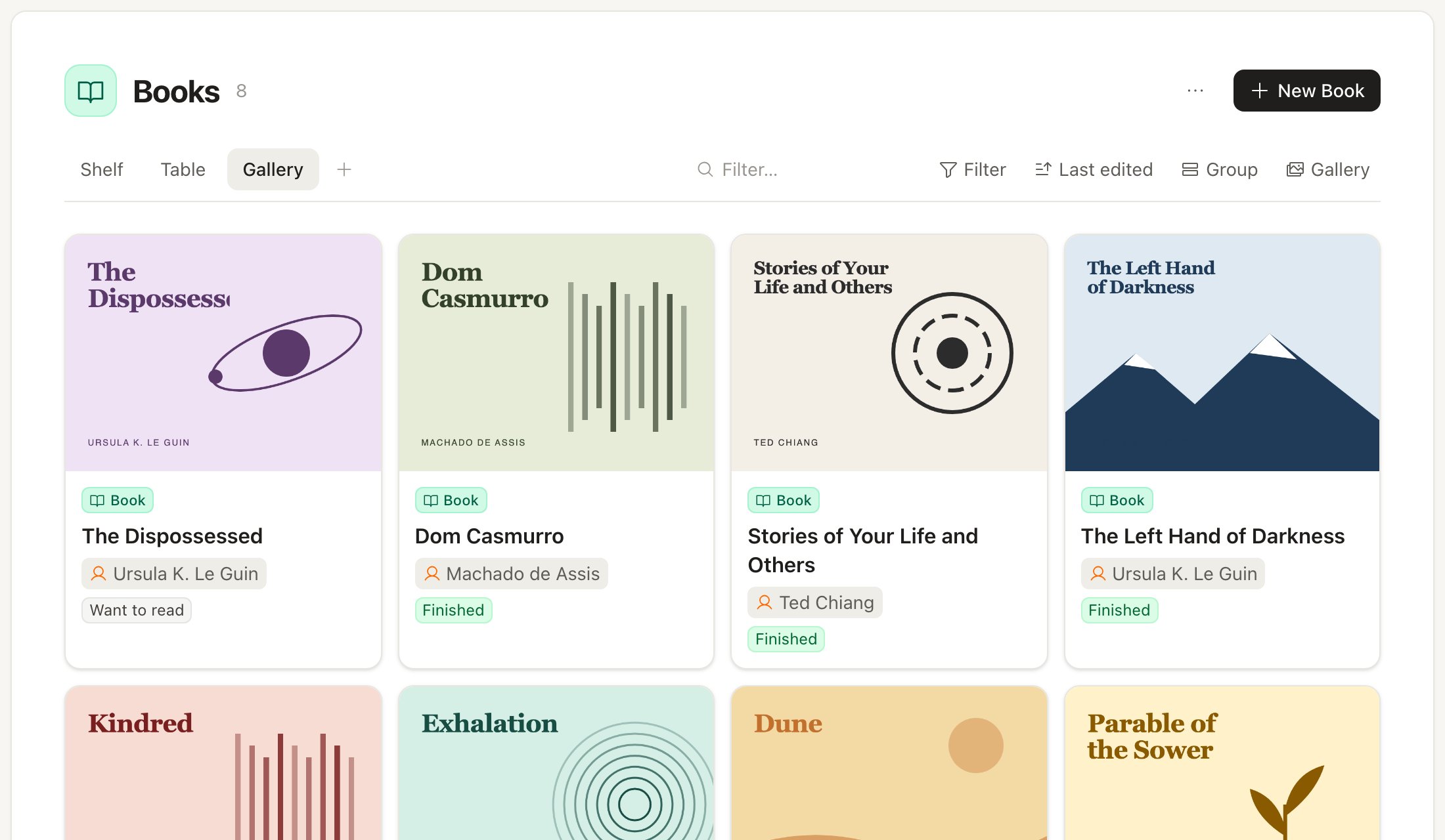 A Books type in the gallery view, with covers, authors and reading status
