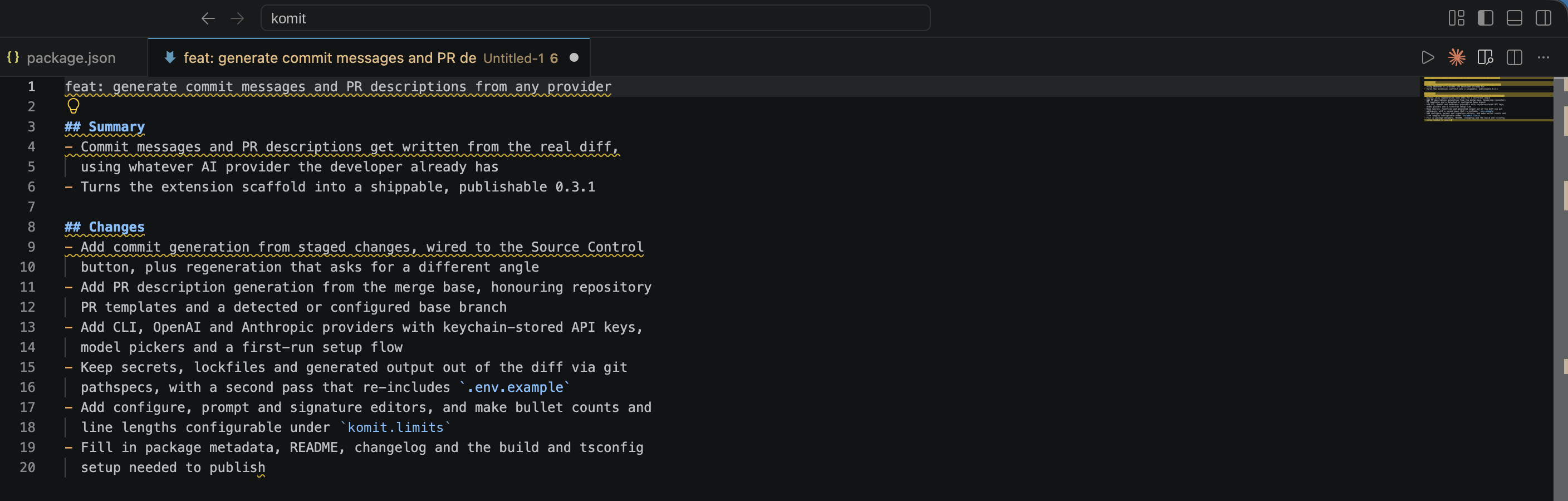 A generated PR description open in the editor