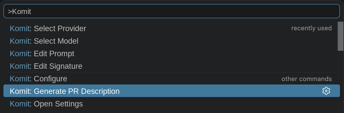 The Komit commands in the Command Palette