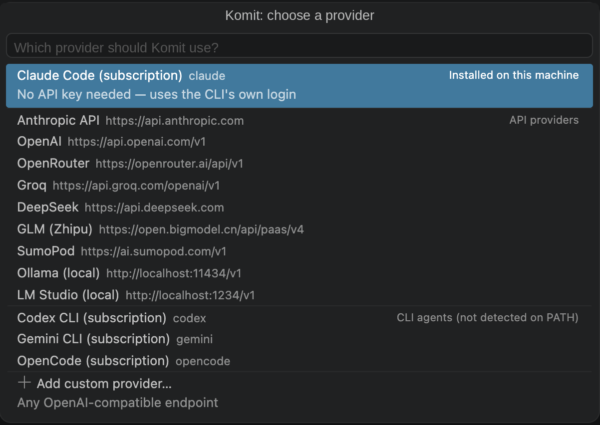 Choosing a provider on first run