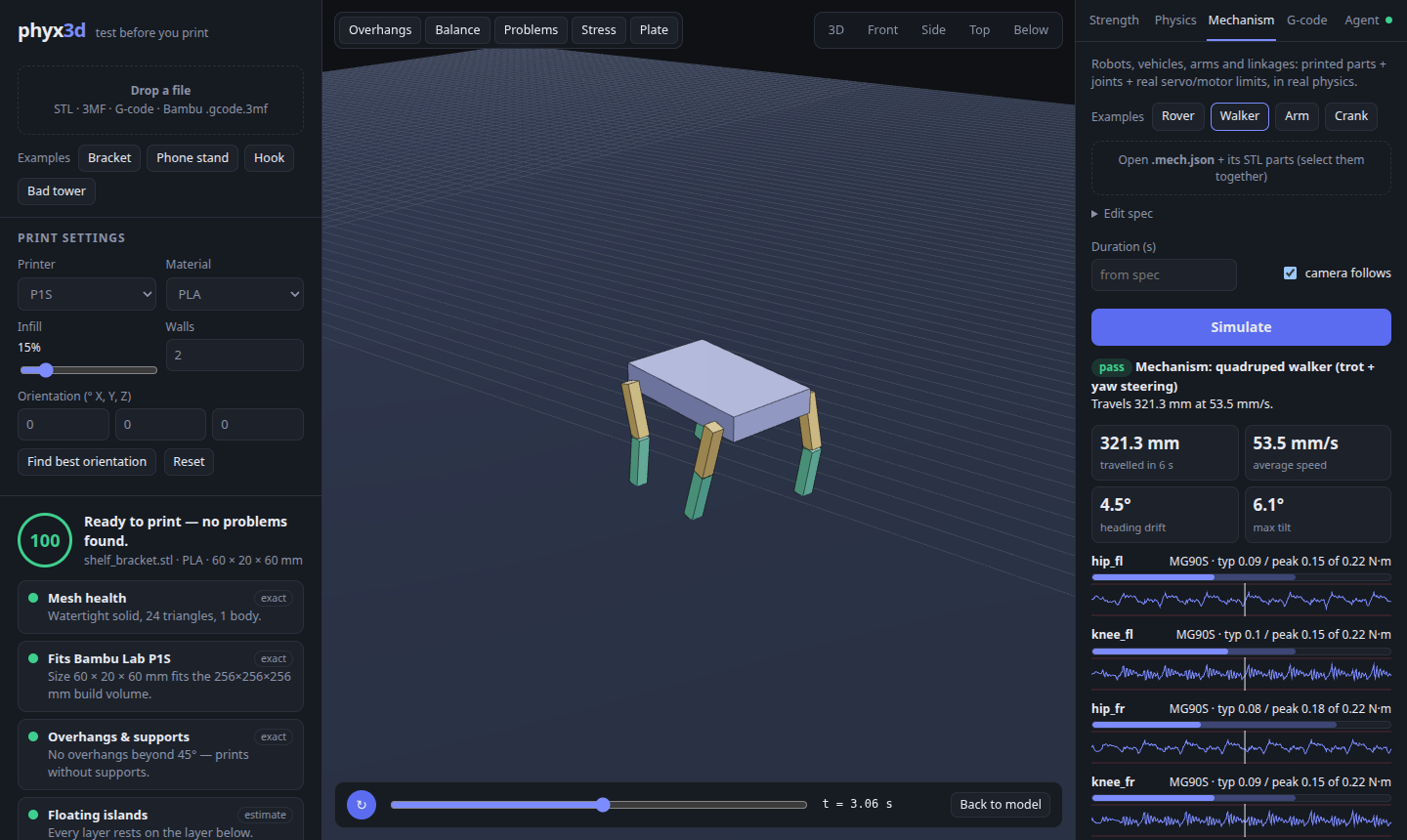 Mechanism simulation: quadruped robot walking with servo torque graphs