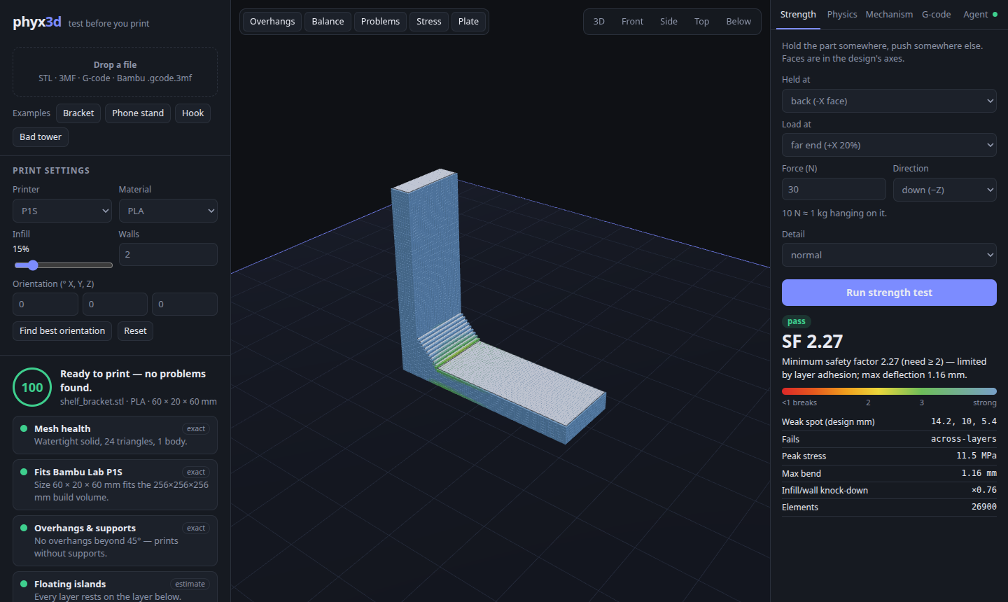 Strength test: finite-element stress map on a shelf bracket