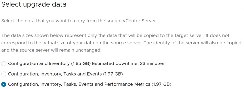 VCSA upgrade data option