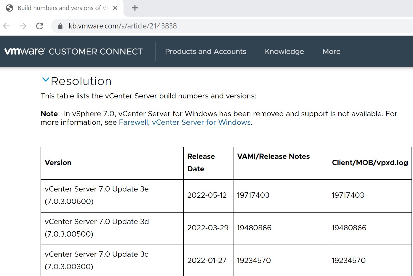 vcenter 7  release tables