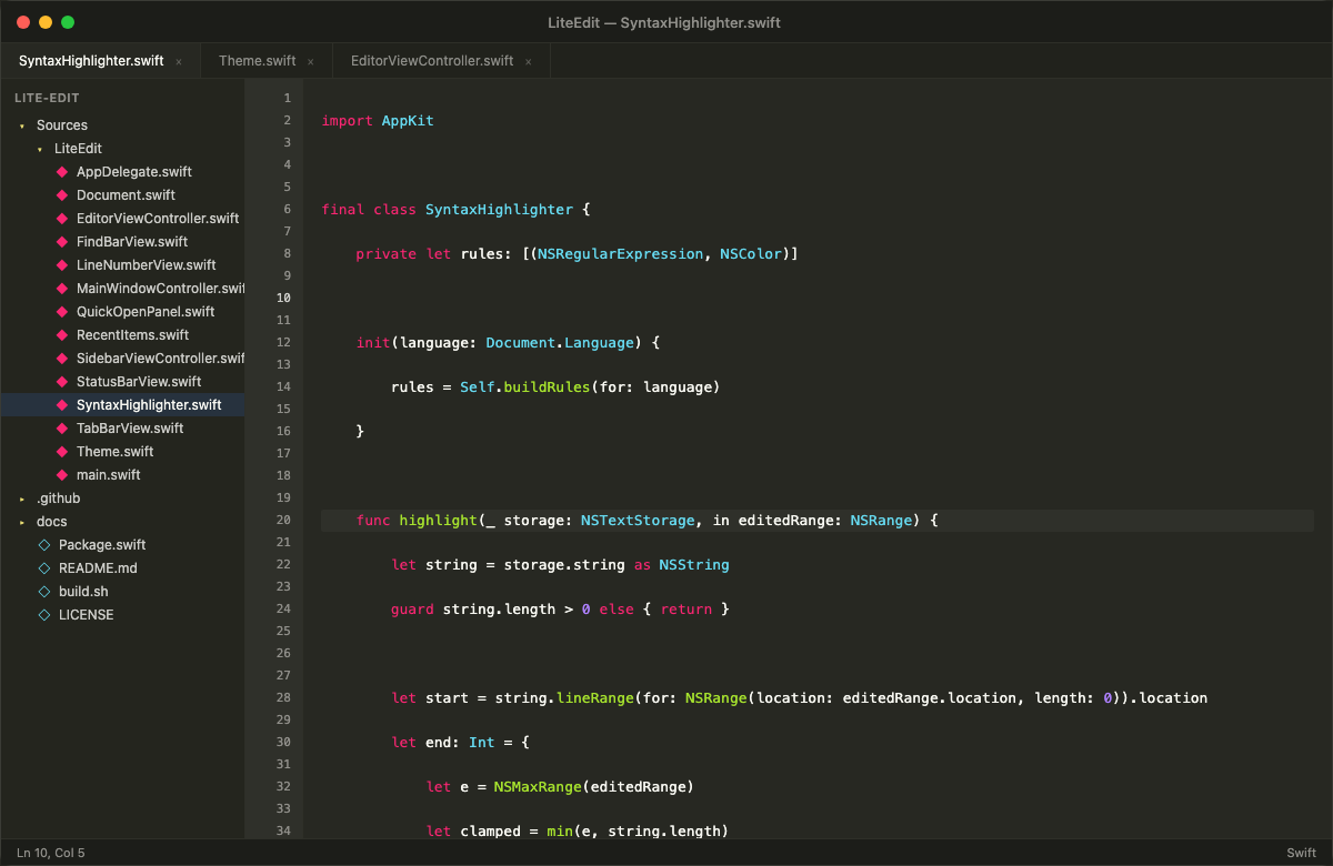 LiteEdit — native macOS code editor with Monokai theme, sidebar, tabs, and syntax highlighting