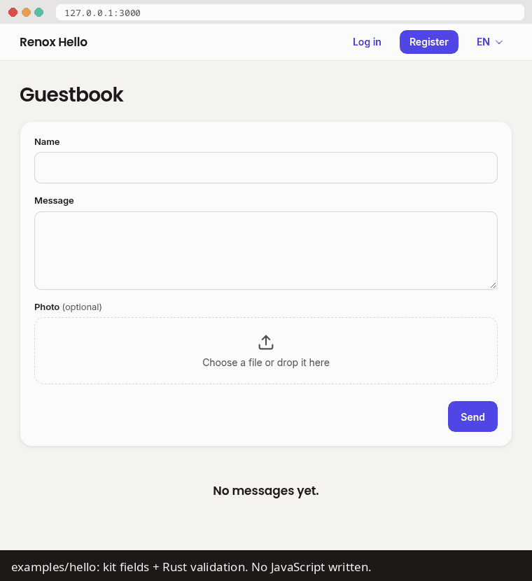 A guestbook form: invalid input shows errors inline, a valid post appears in the list, all without a page reload