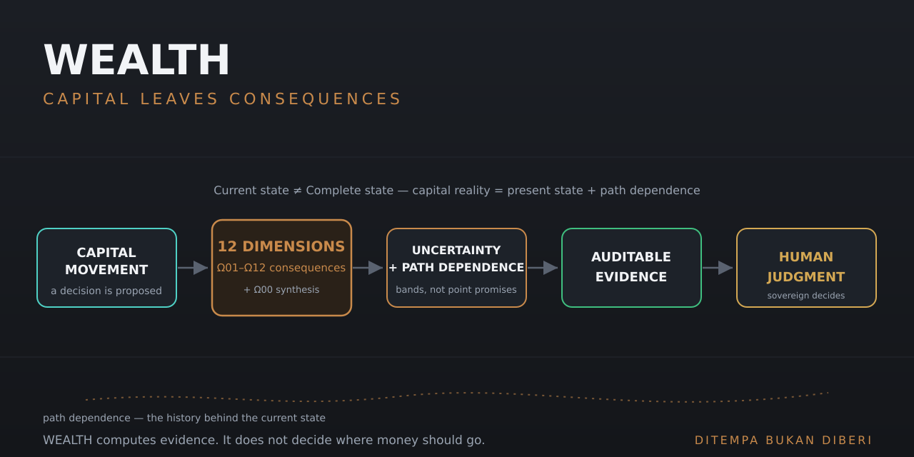 WEALTH — capital movement through twelve consequence dimensions, uncertainty and path dependence, into auditable evidence and human judgment