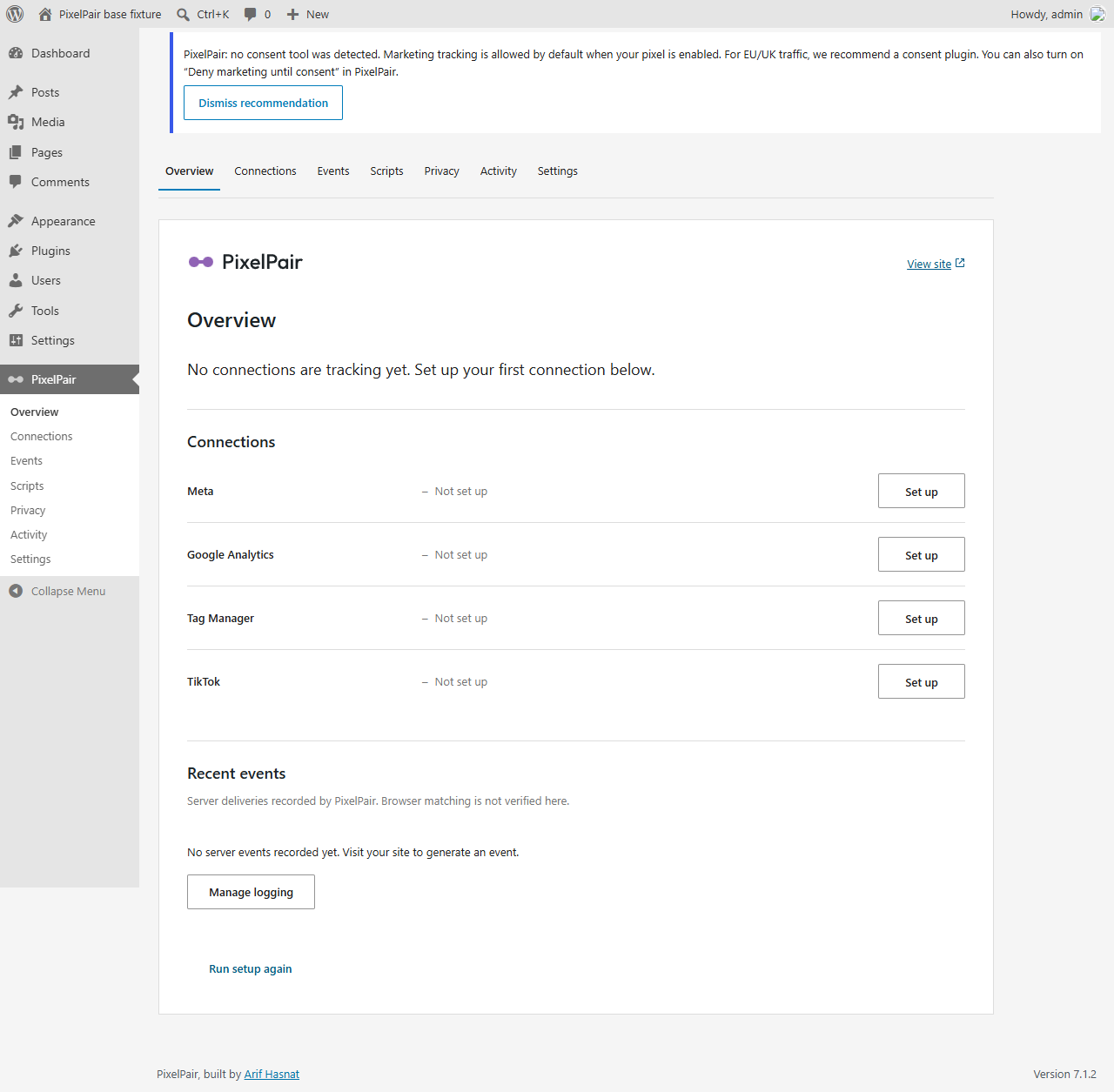 PixelPair Overview with connection status and setup actions