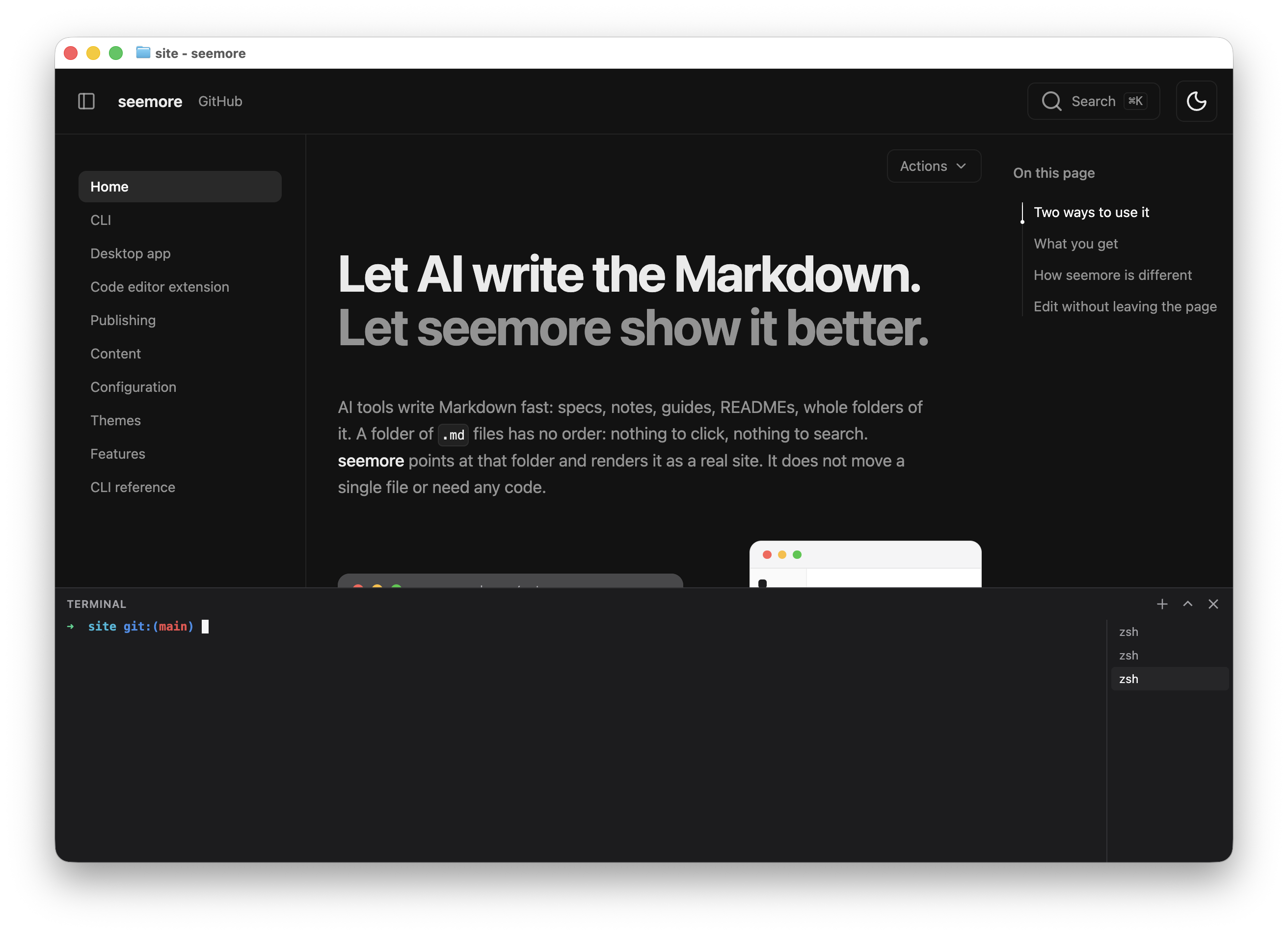 The seemore desktop app in the black theme, showing a folder of research notes as a site: a paragraph's Markdown source open in the inline editor above a flowchart, and the integrated terminal listing the folder's Markdown files