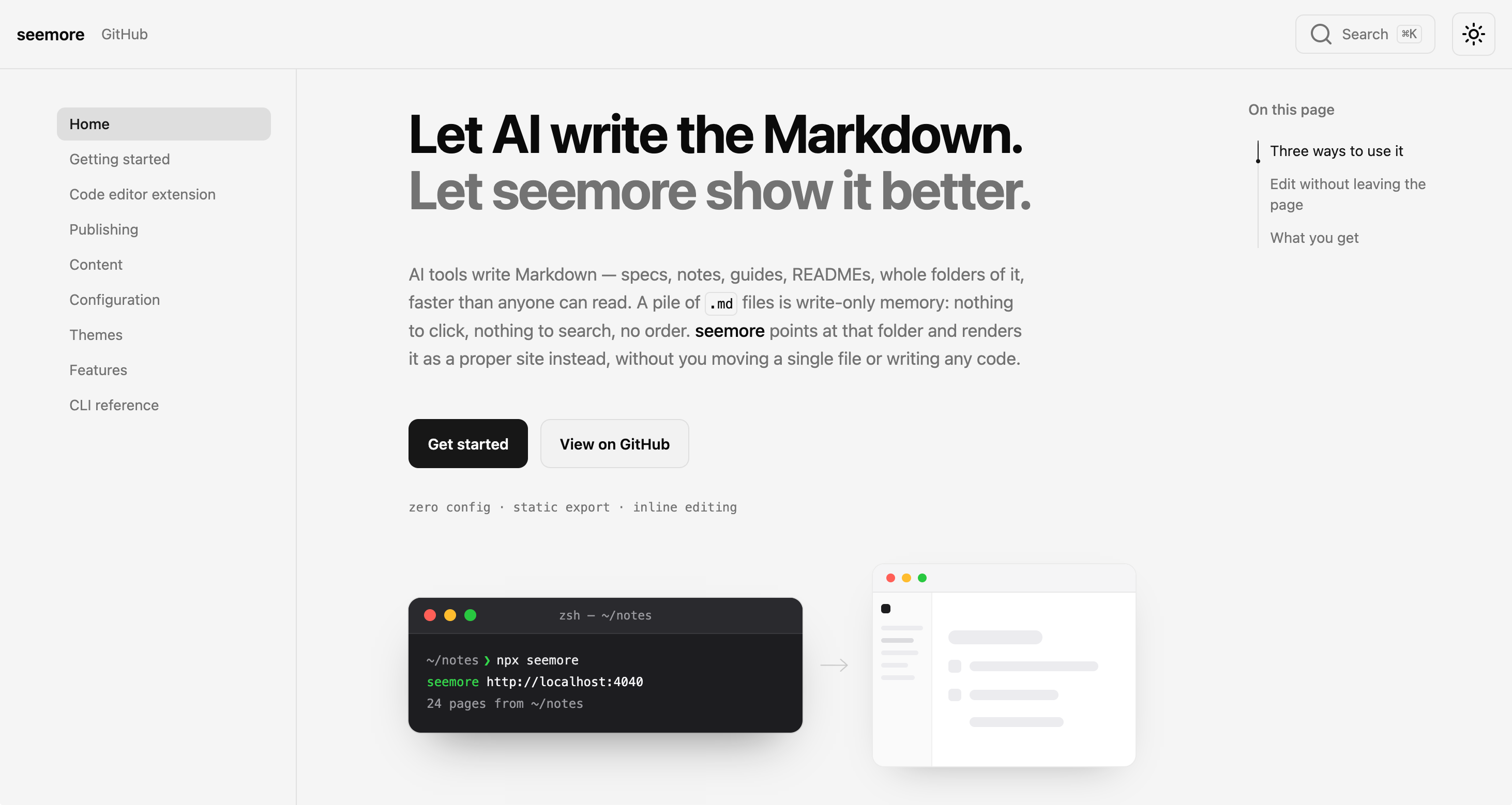 The seemore site: a terminal typing npx seemore to serve a folder of notes at localhost:4040, with an arrow pointing to the rendered page preview