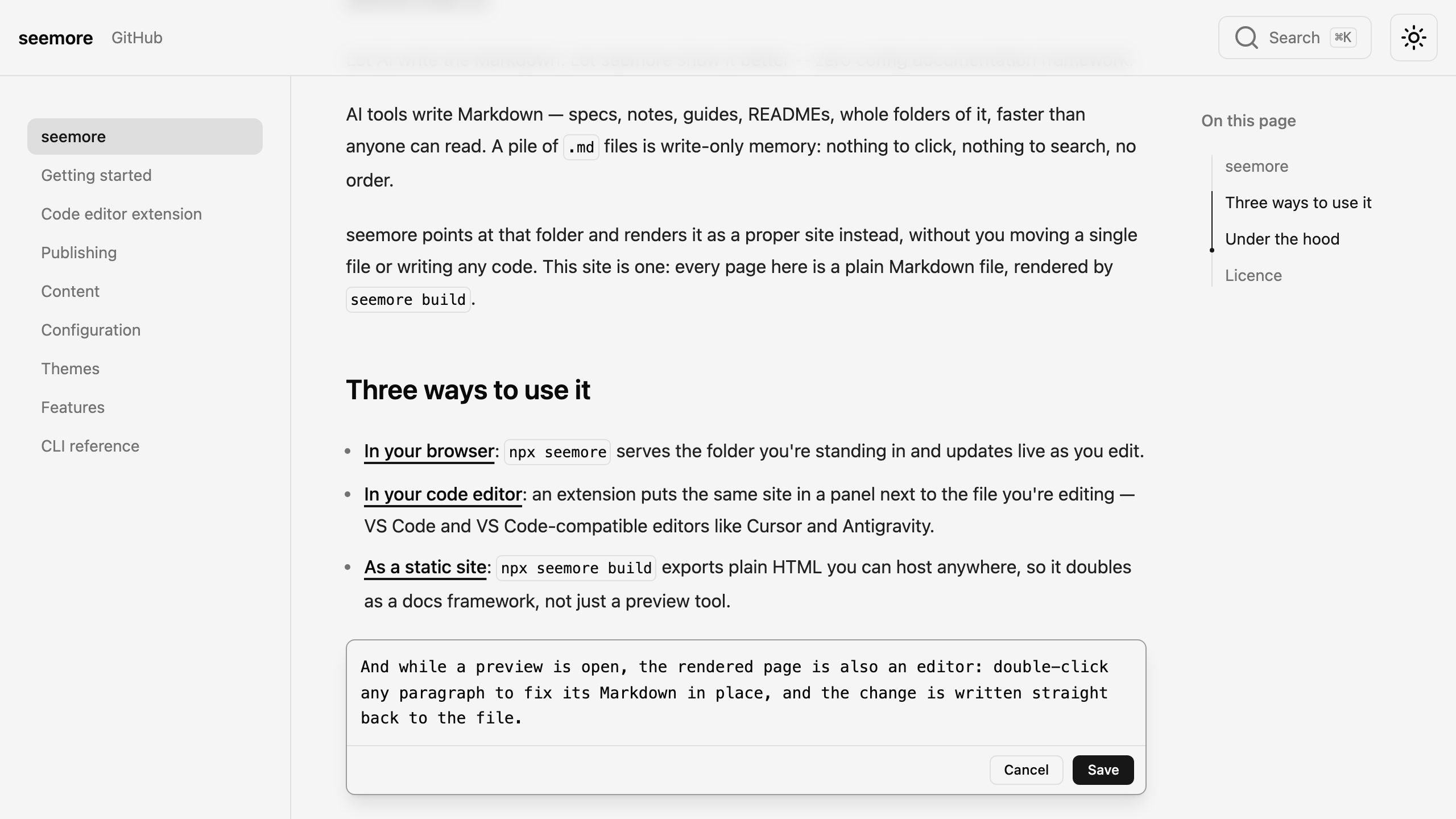 seemore rendering a folder of Markdown in the browser, with a paragraph's Markdown source open in the inline editor