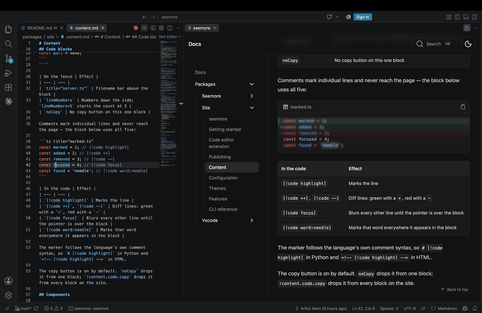VS Code with a Markdown file open in the editor and the seemore panel rendering the same folder as a site beside it