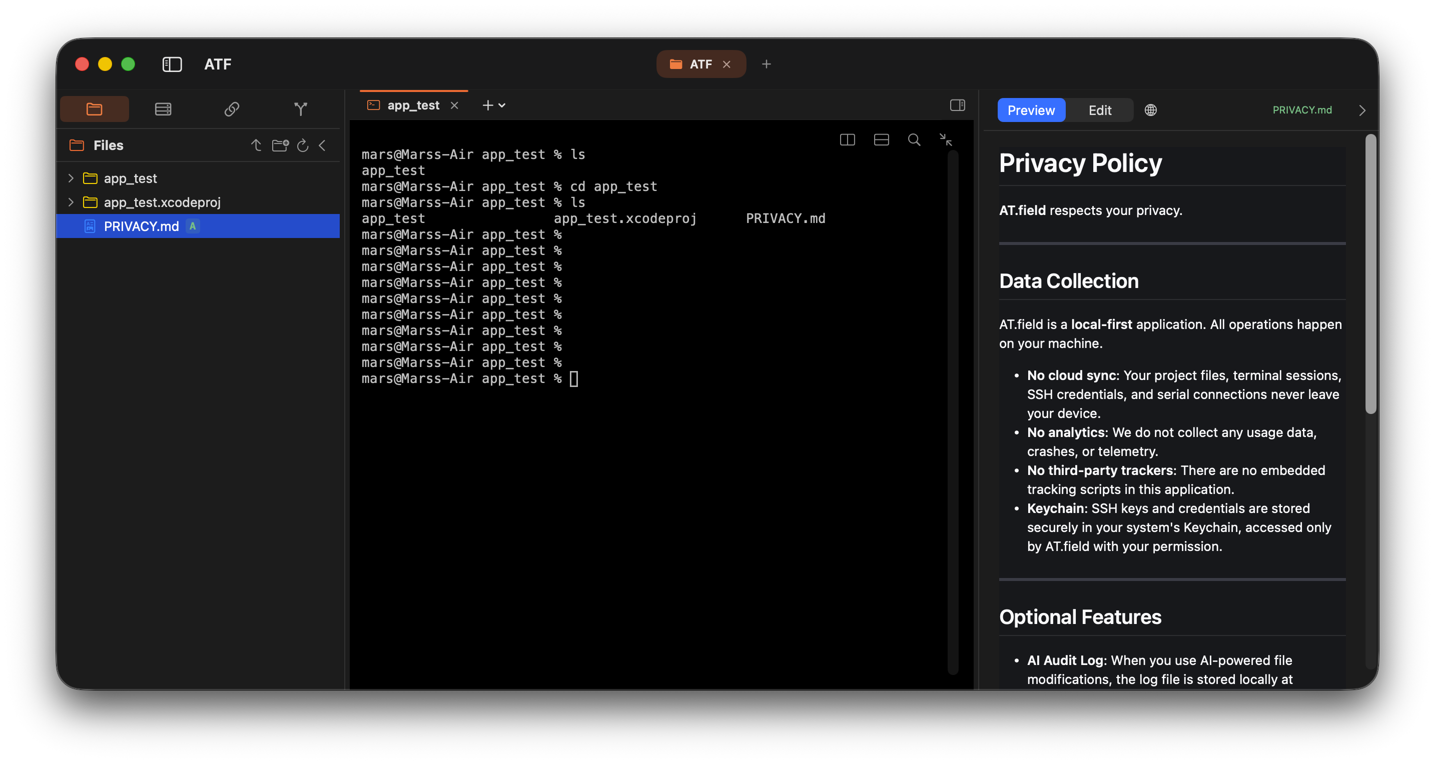 AT.field macOS AI terminal cockpit with Sidecar Markdown preview