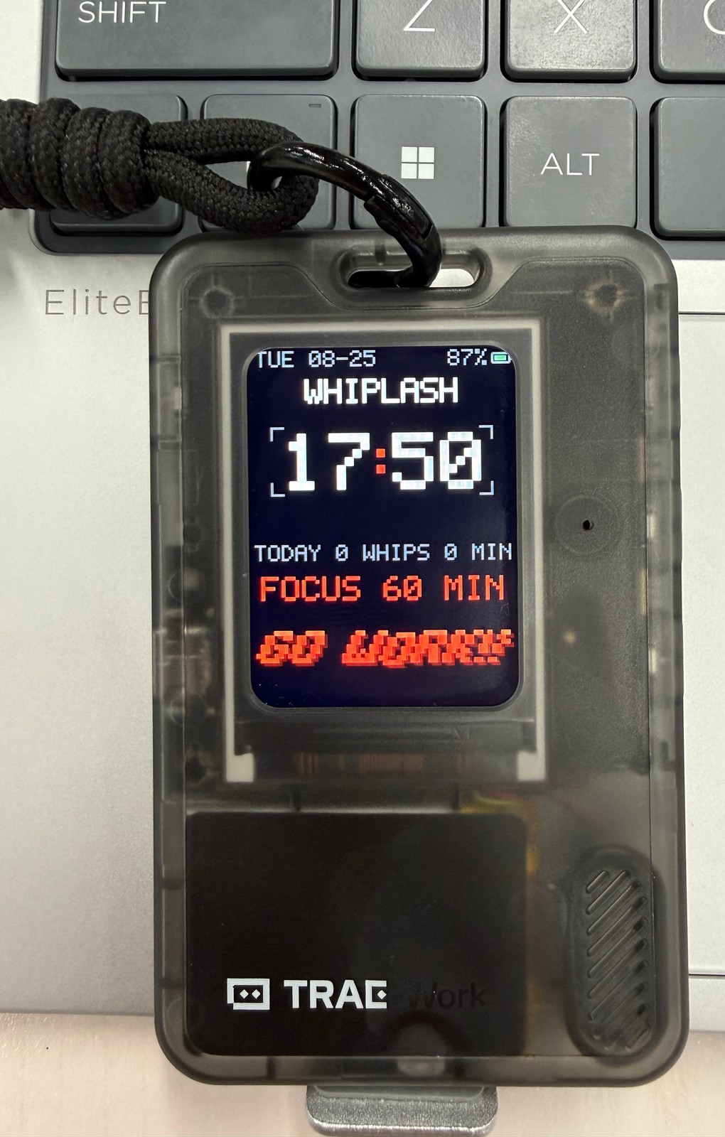 WHIPLASH pomodoro firmware running on a FoloToy AI Passport (real hardware)