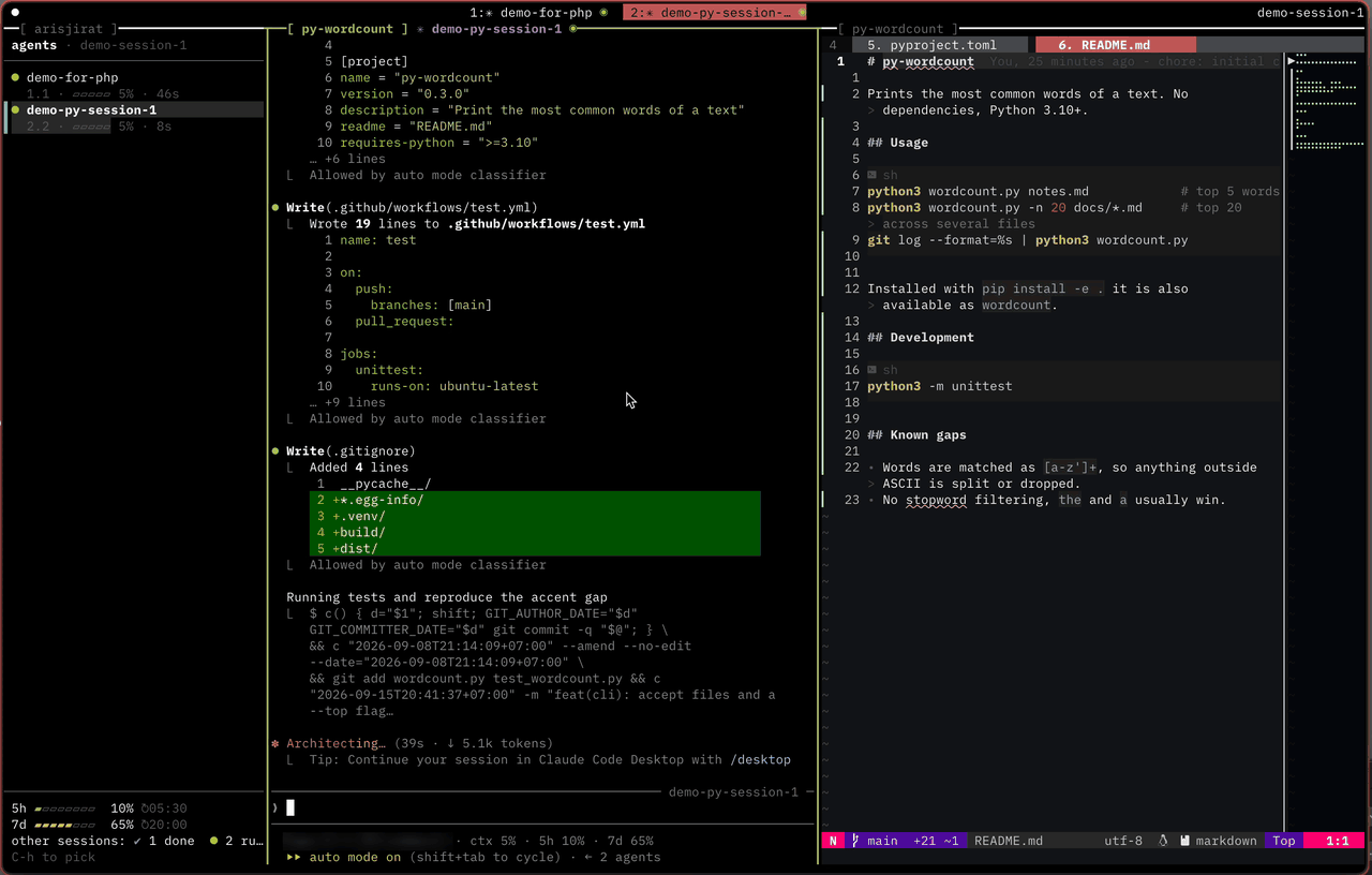 The sidebar and agent picker track Claude, Codex and opencode sessions as they work, finish and wait