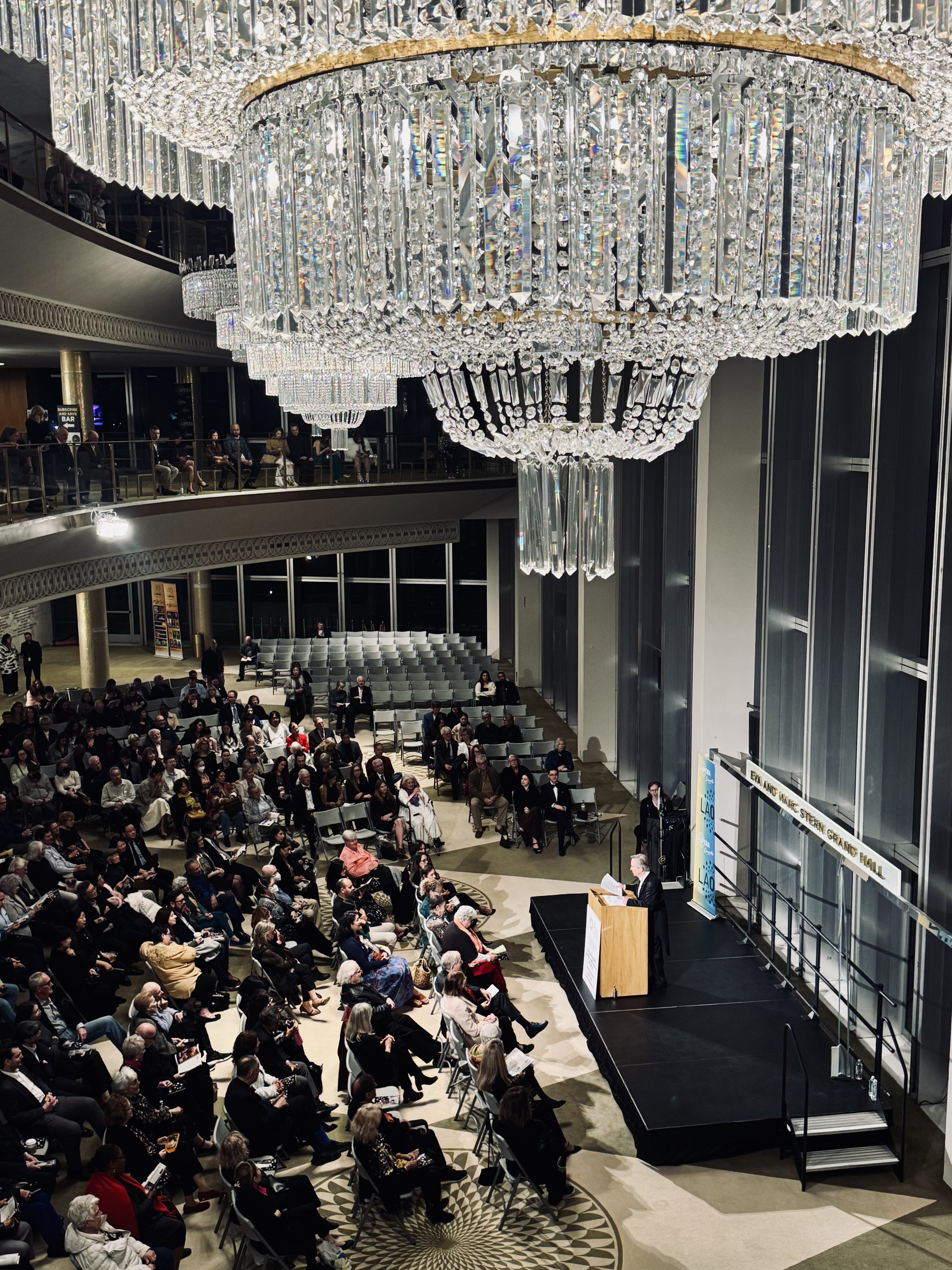 The pre-show lecture given by conductor James Conlon, at the Dorothy Chandler Pavilion, featuring the amazing Chandelier.