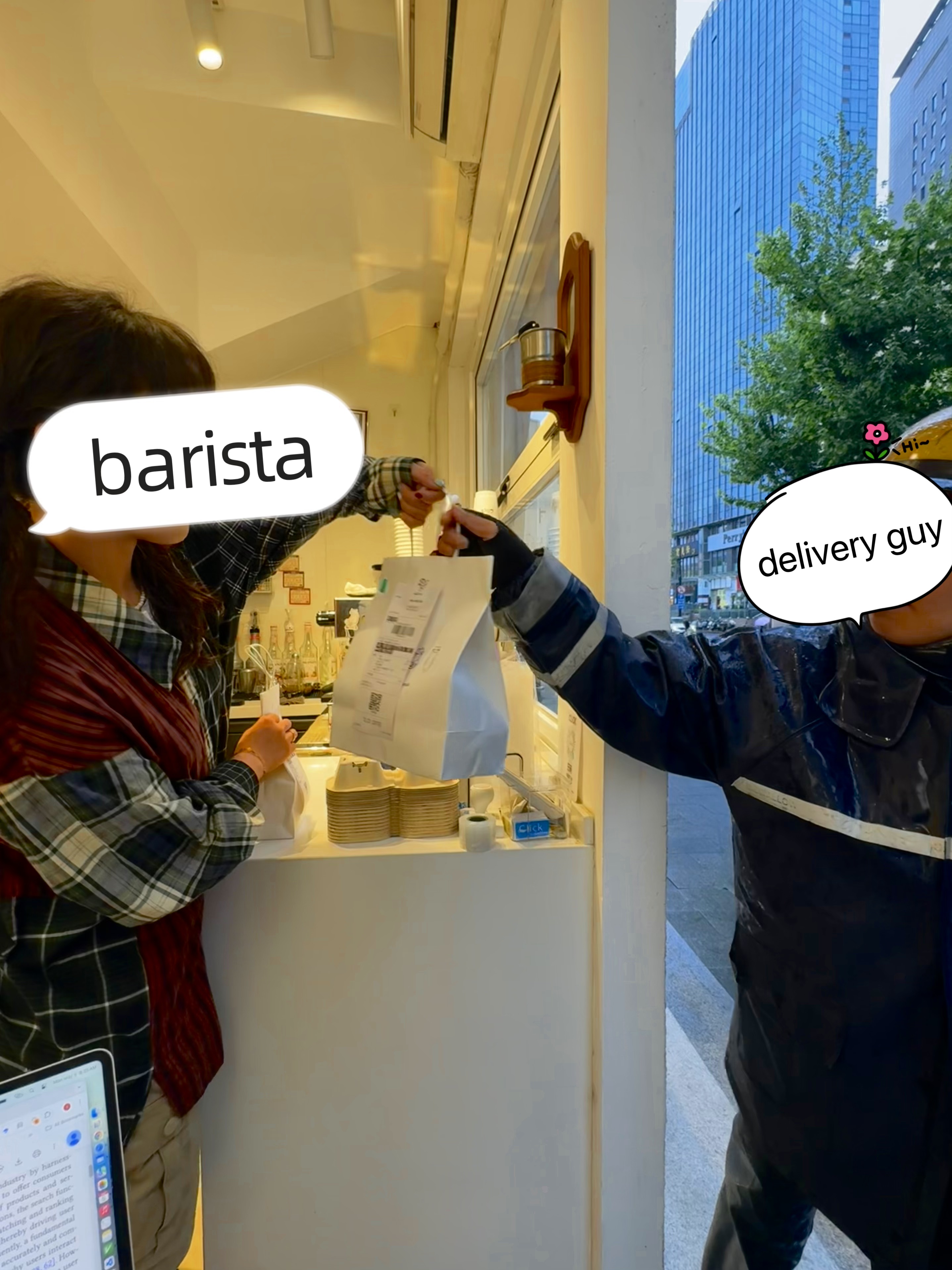 In that café, when the barista handed the delivery guy one packed coffee.