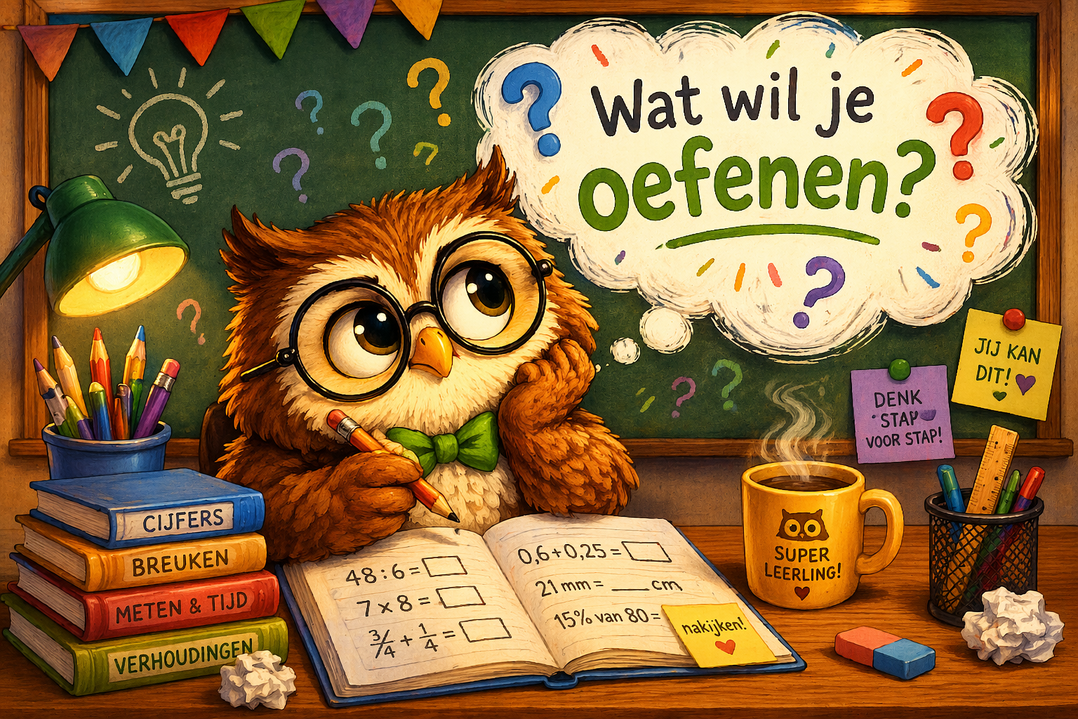 Uil die vraagt wat je wilt oefenen