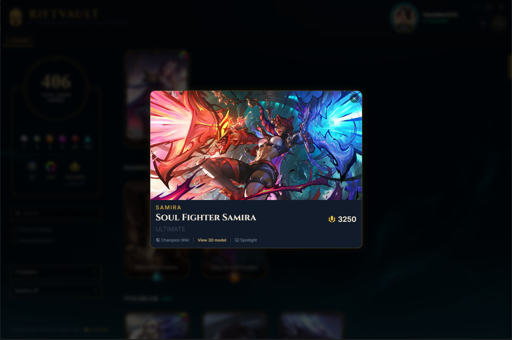 RiftVault skin card detail view with RP cost, 3D model link and wiki link