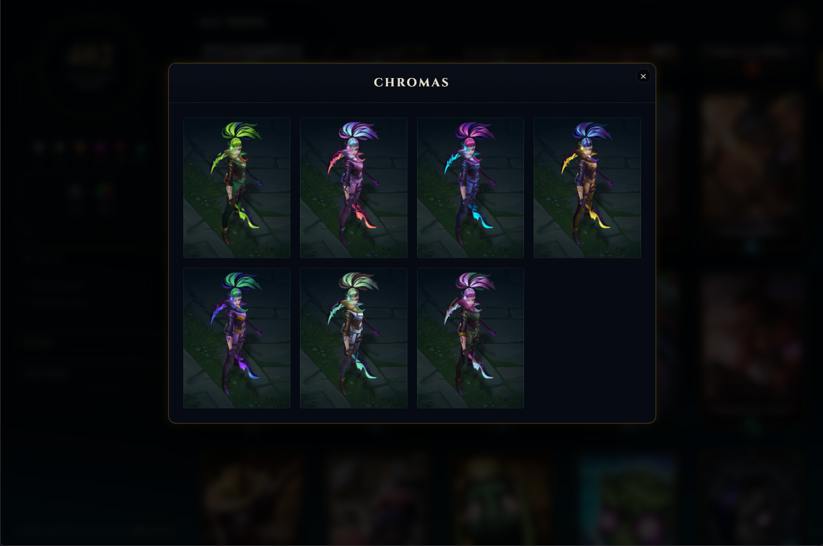 RiftVault chroma gallery modal showing color variants for a skin