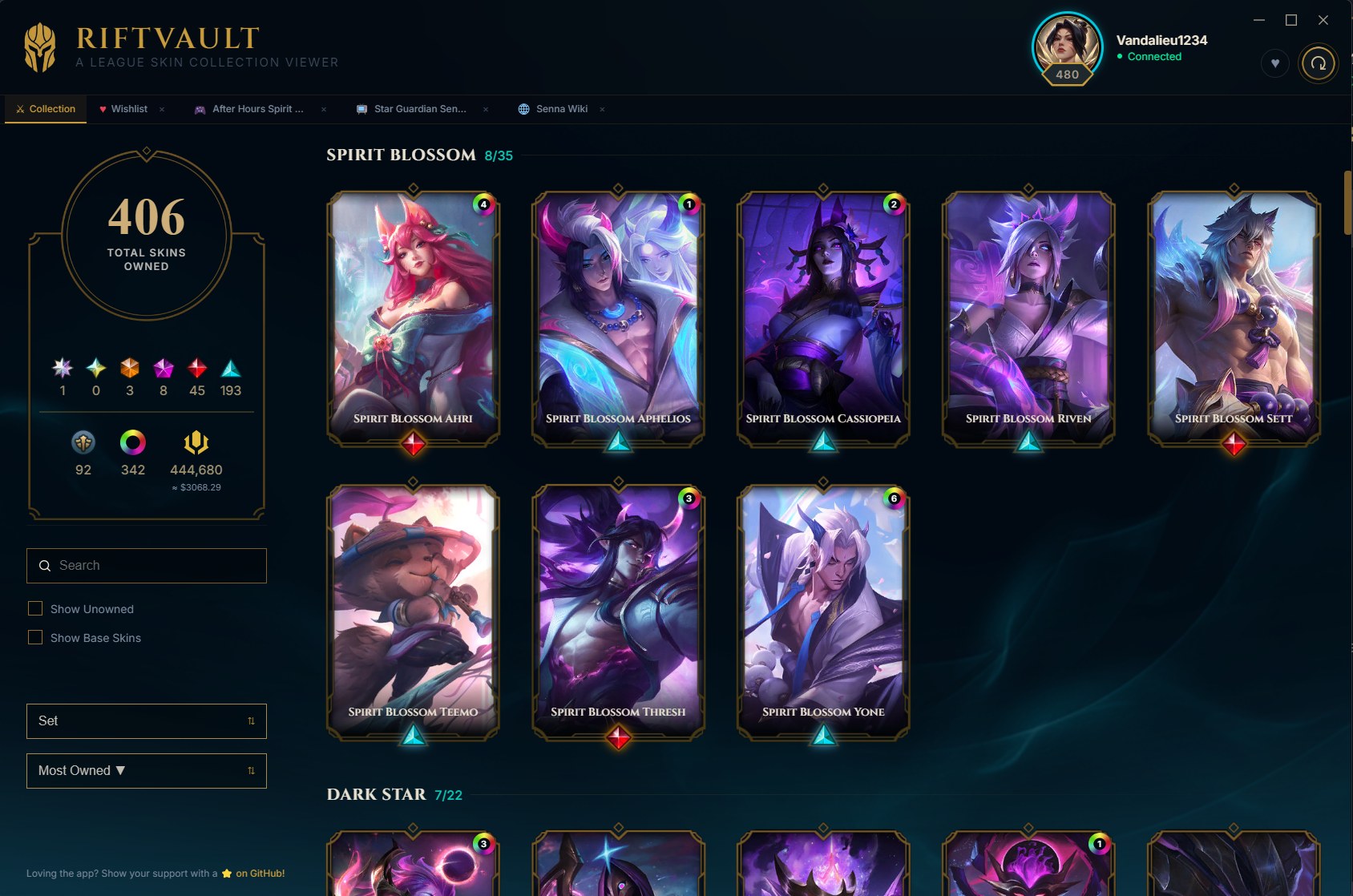RiftVault skins grouped by skin line with completion percentages