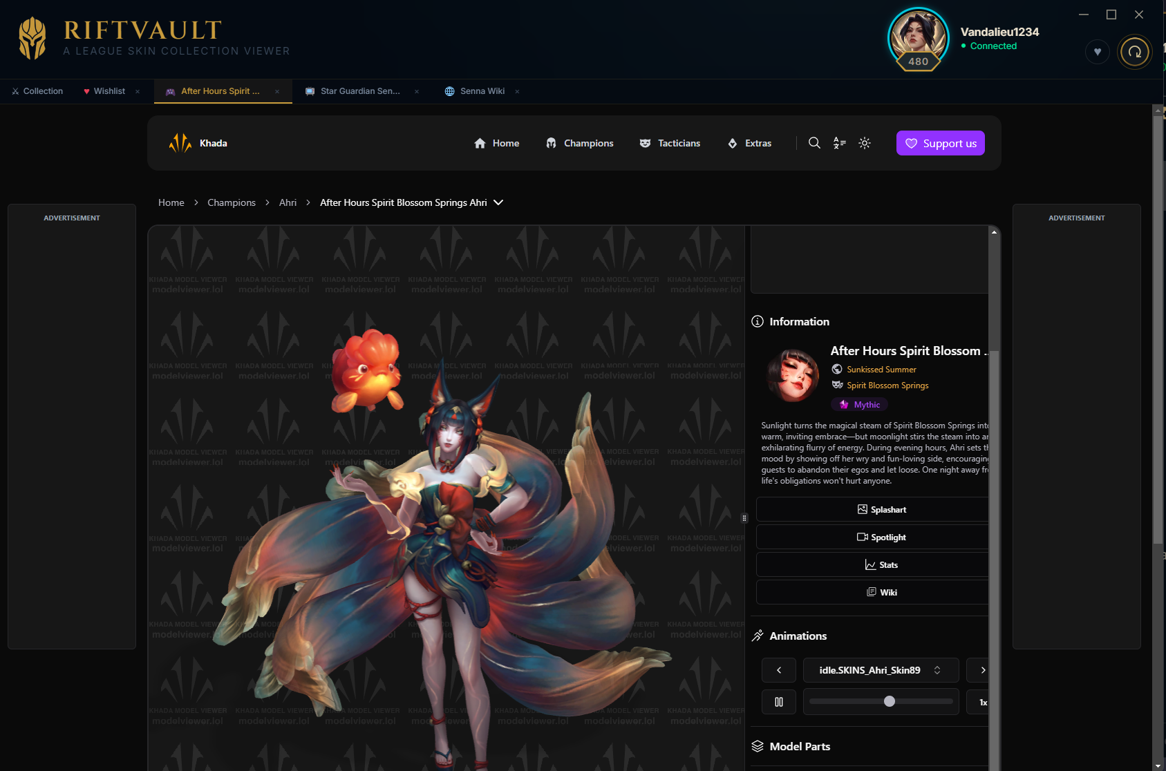 RiftVault in-app browser tabs showing the Champion Wiki opened inside the application