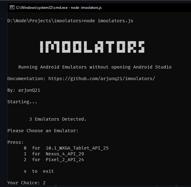 GitHub - arjunQ21/imoolators: Run emulators without opening Android Studio