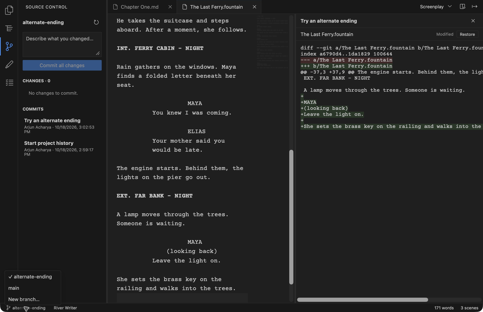 Trying an alternate ending on a branch, with the commit and its changes