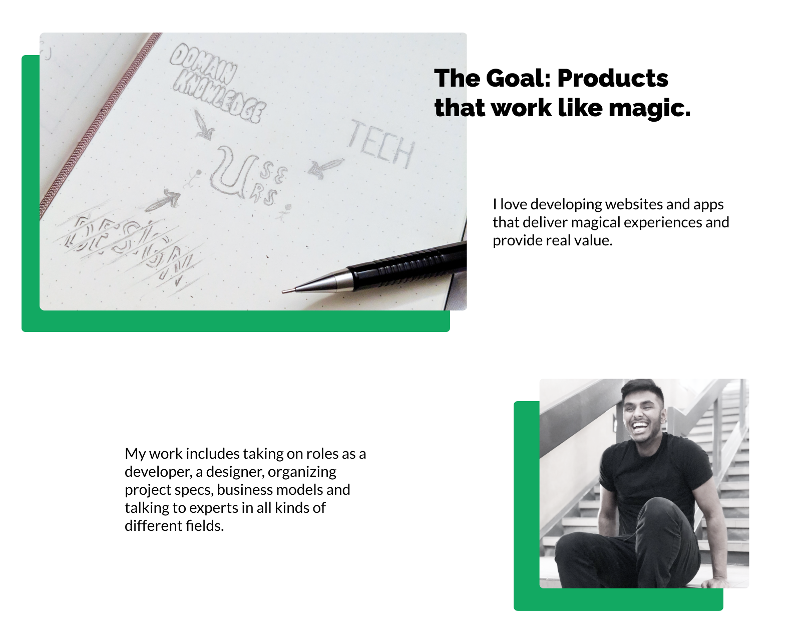 Big image, shows a picture of "Domain Knowledge", "Tech" and "Design" all pointing to a sign that says "Users". The Goal: Products that work like magic. I love developing websites and apps that deliver magical experiences and provide real value. My work includes taking on roles as a developer, a designer, organizing project specs, business models and talking to experts in all kinds of different fields. (To the left, a picture of me with a huge smile!)