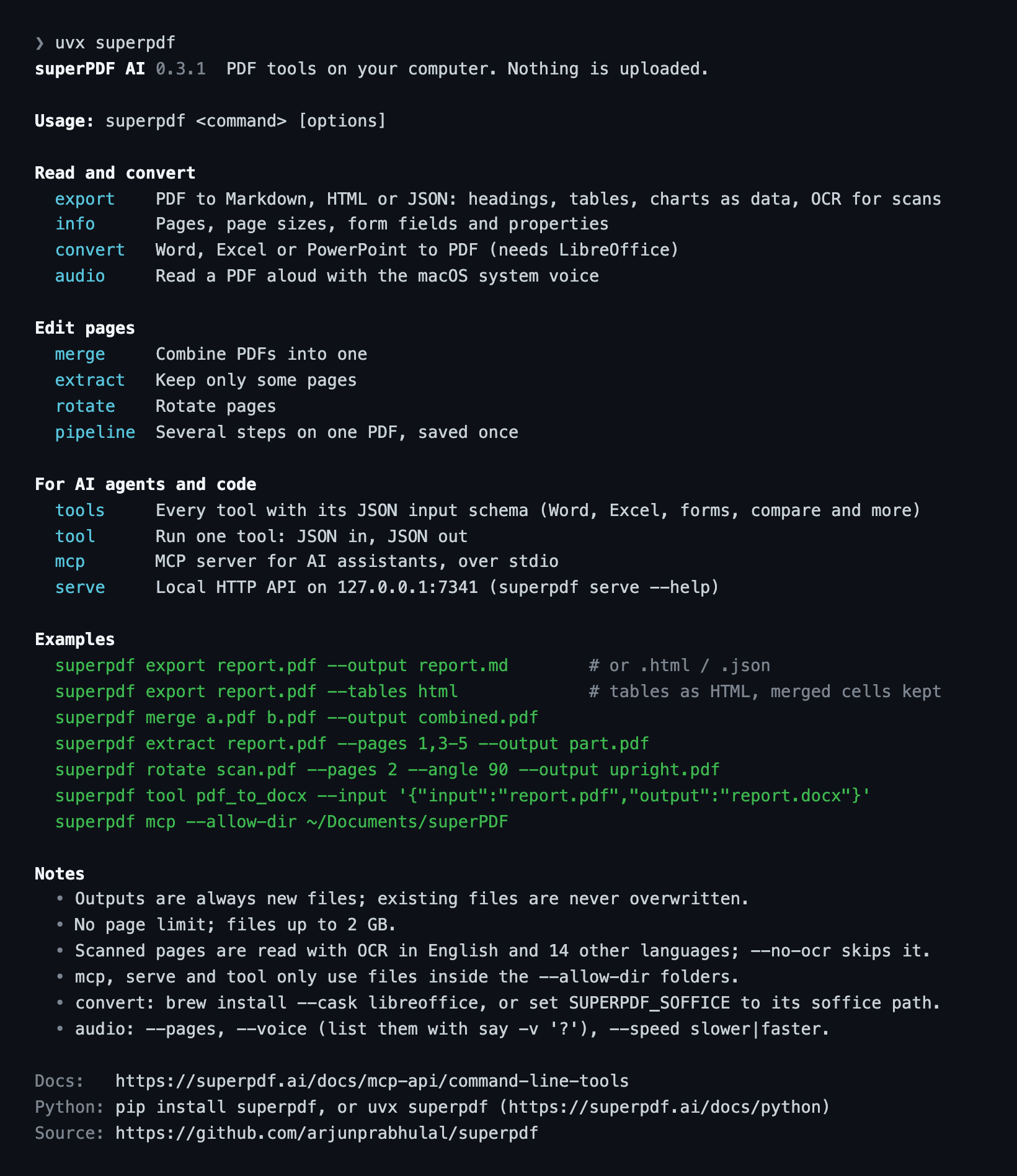 superpdf help in a terminal: commands grouped under Read and convert, Edit pages, and For AI agents and code, then examples and notes