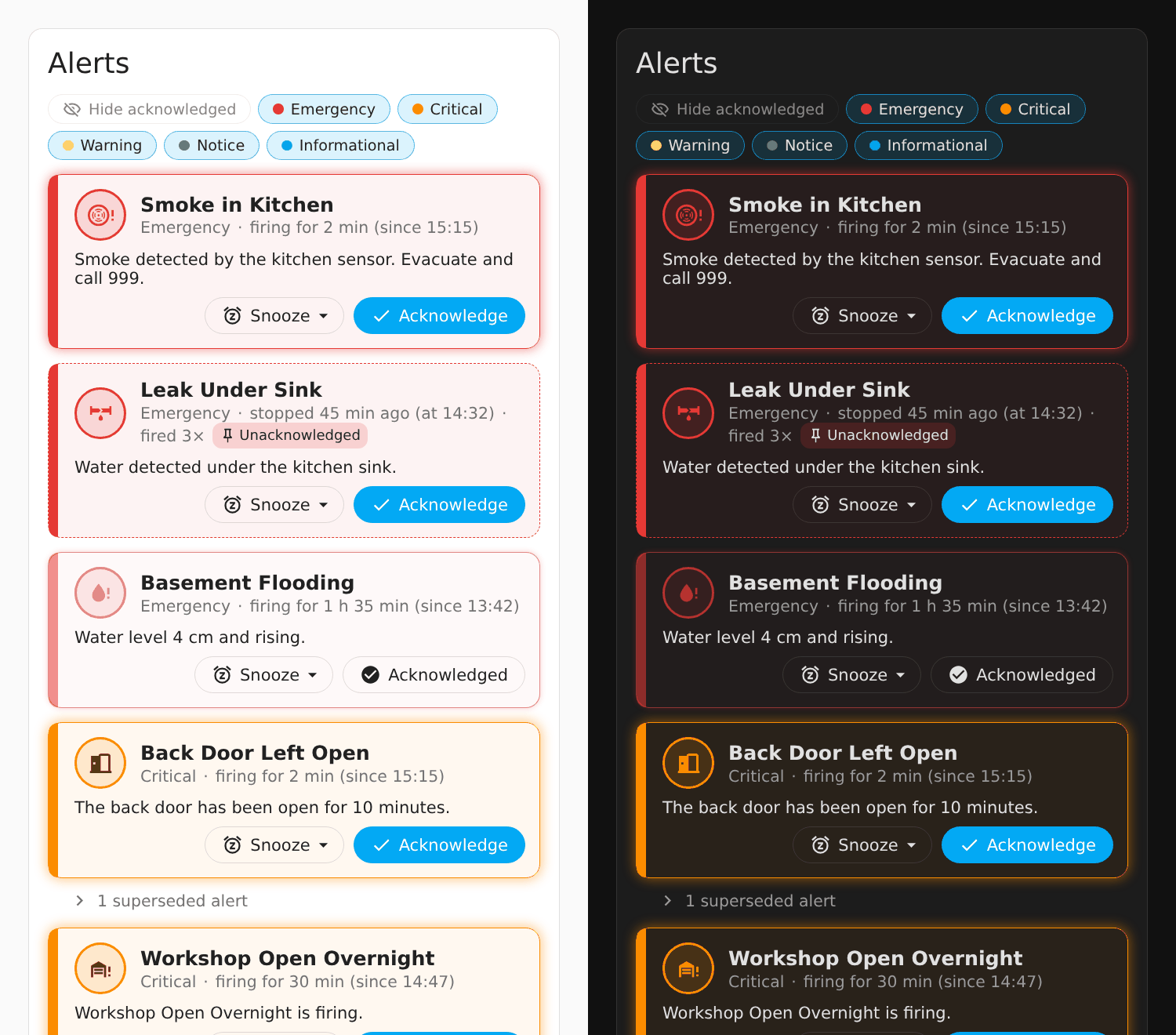 The Alert Redux card, in the light and dark themes