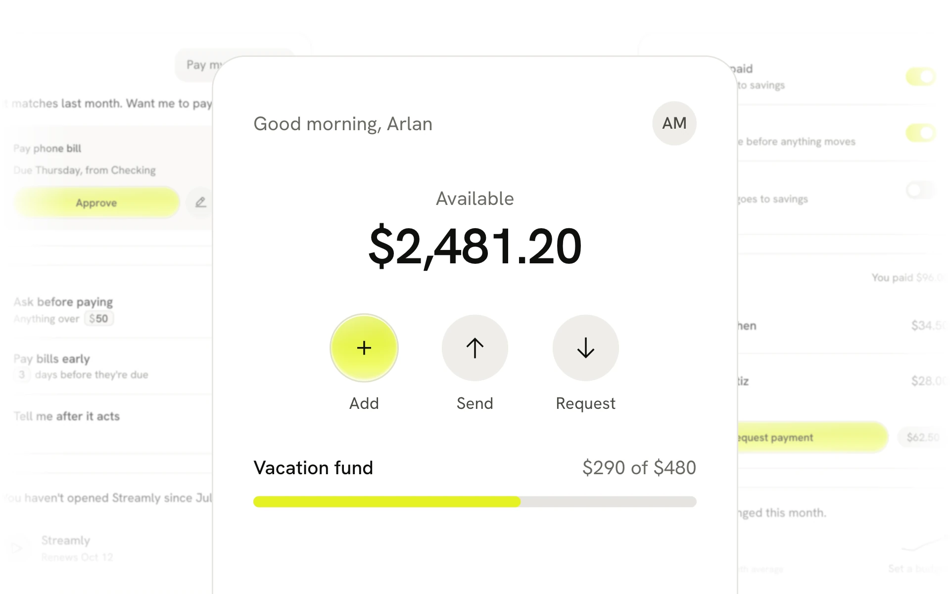 Lime: a banking app's home screen with a balance, one glowing Add button and a savings goal