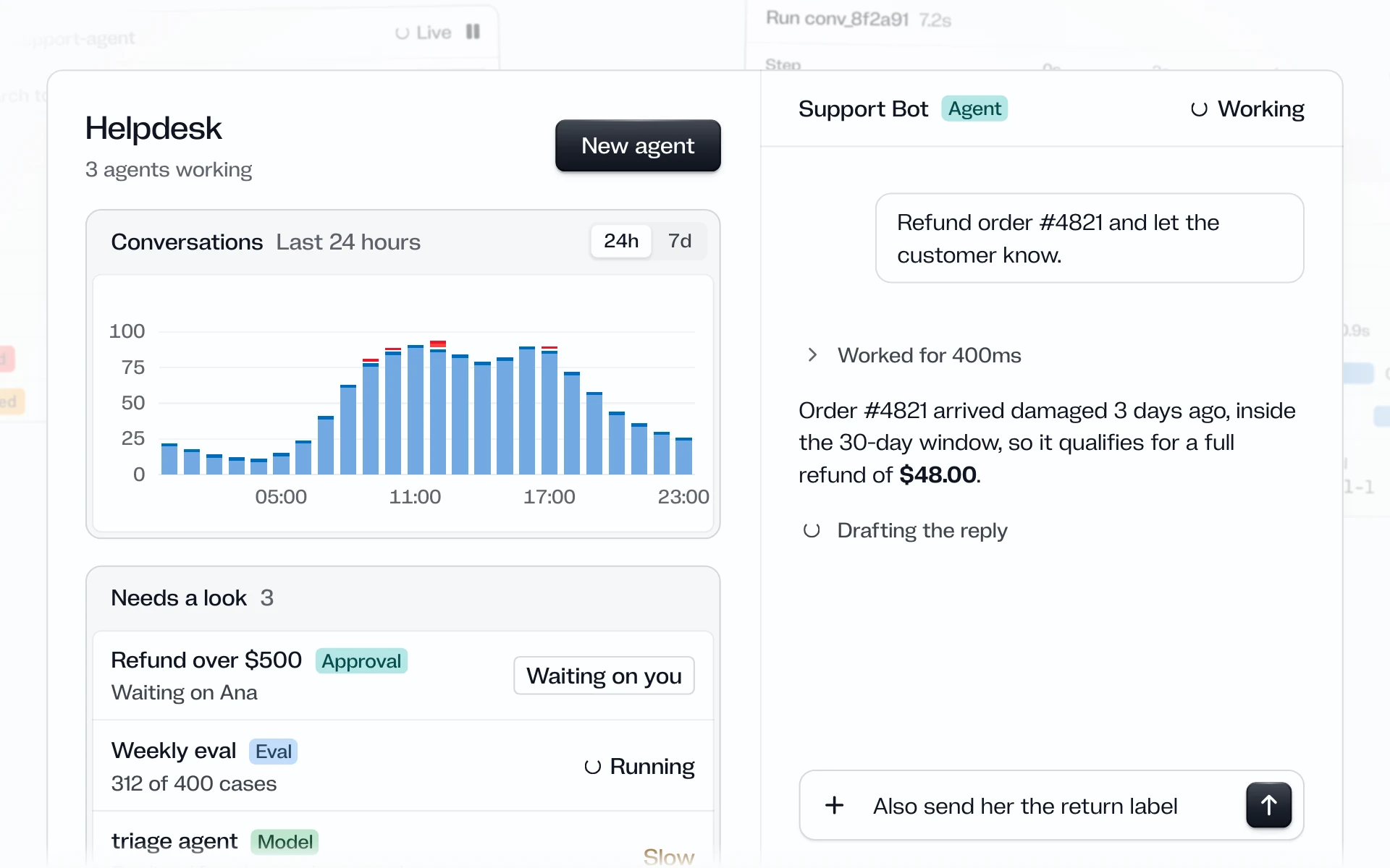 Quartz: a helpdesk for AI agents with a conversations chart, a queue of approvals and an agent drafting a refund reply