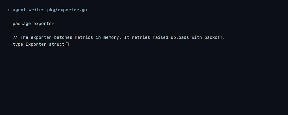 An agent writes two sentences on one line; the hook reports a fused finding, blocks the edit, and suggests the split; the agent rewrites it as two lines