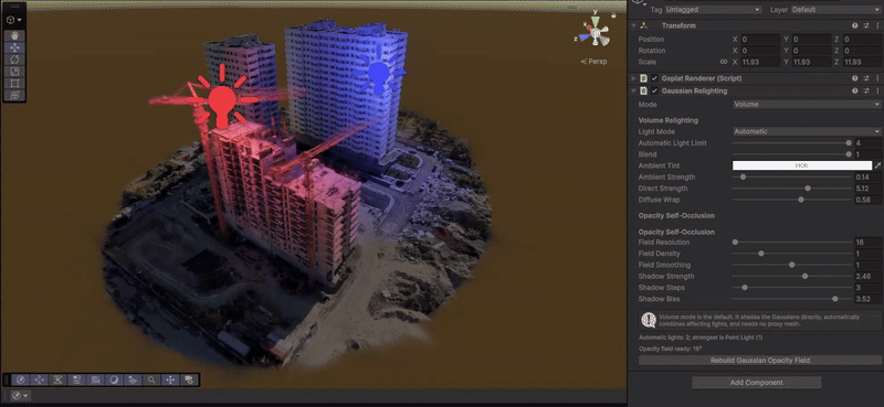 Red and blue point lights moving around a Gaussian splat capture, relit in real time by Gaussian Relighting in Volume mode