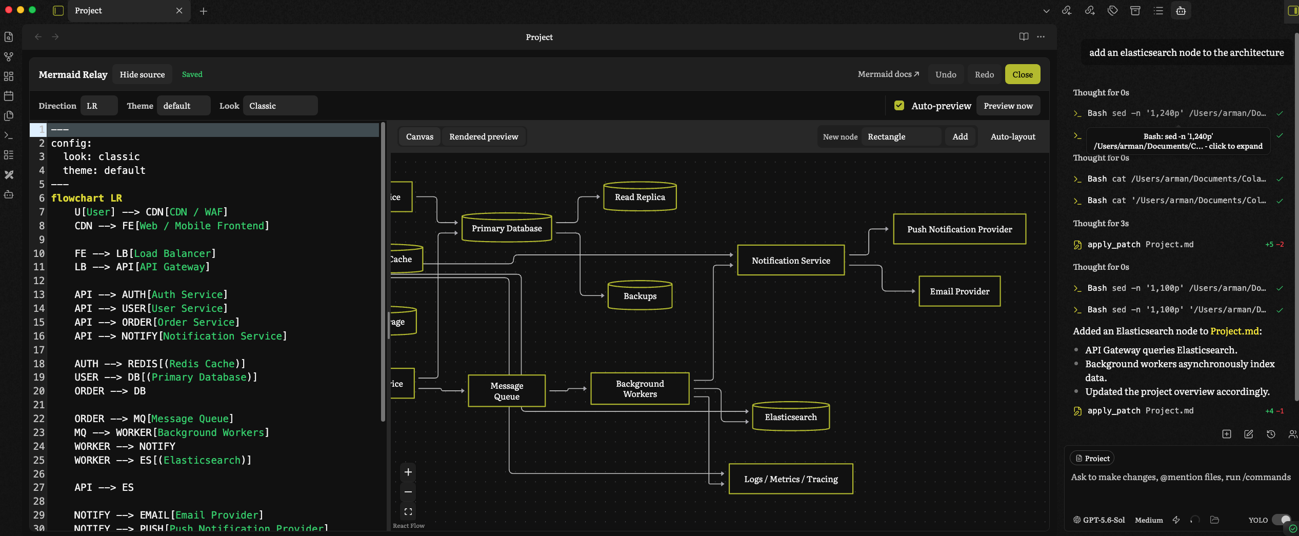 Mermaid Relay editing a system-design diagram alongside an agent