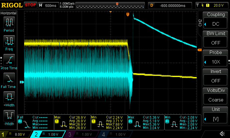 Power-off capture — relay coil, freewheel diode installed
