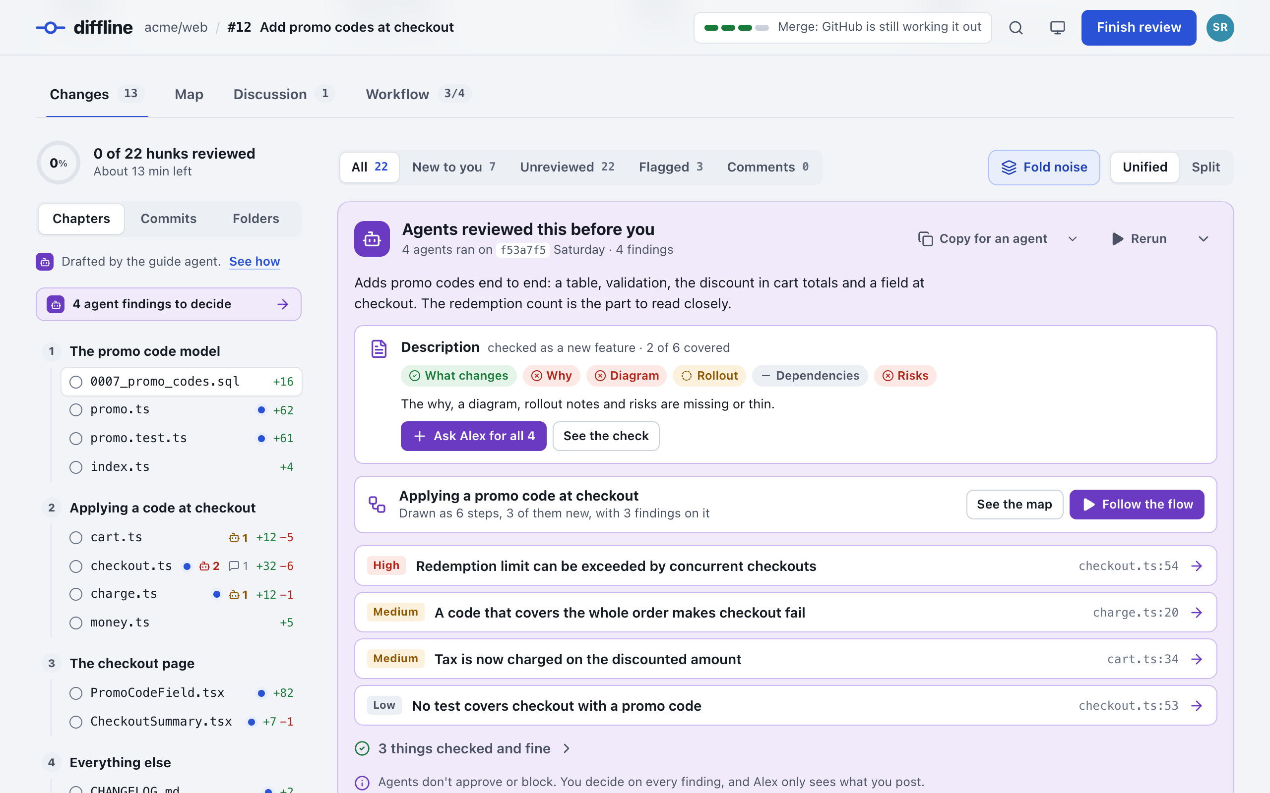 The review page of a pull request: the agents' briefing with the description check, the flow and four findings