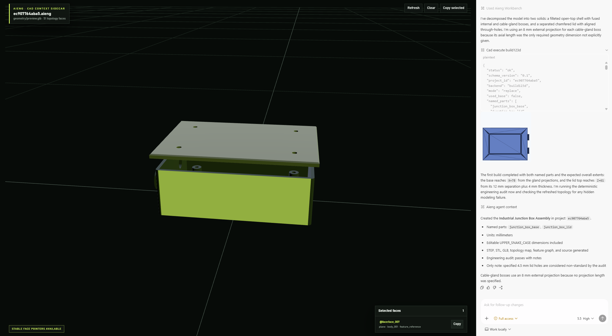 aieng generating a named-part industrial junction-box assembly with stable face pointers